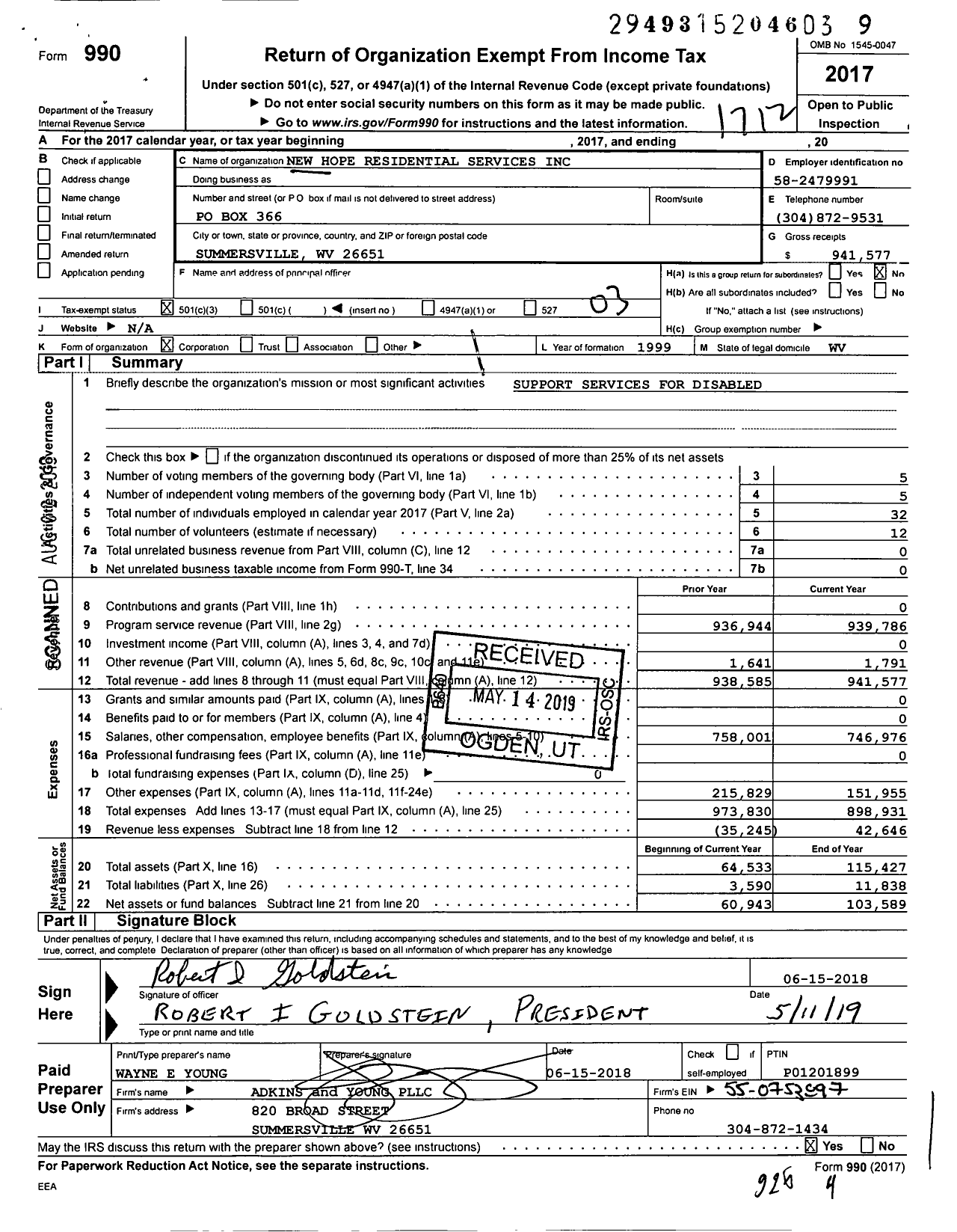 Image of first page of 2017 Form 990 for New Hope Residential Services