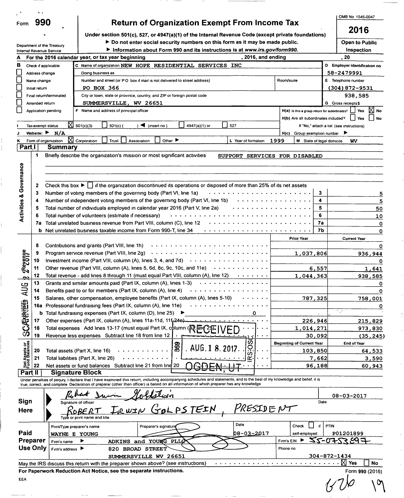 Image of first page of 2016 Form 990 for New Hope Residential Services