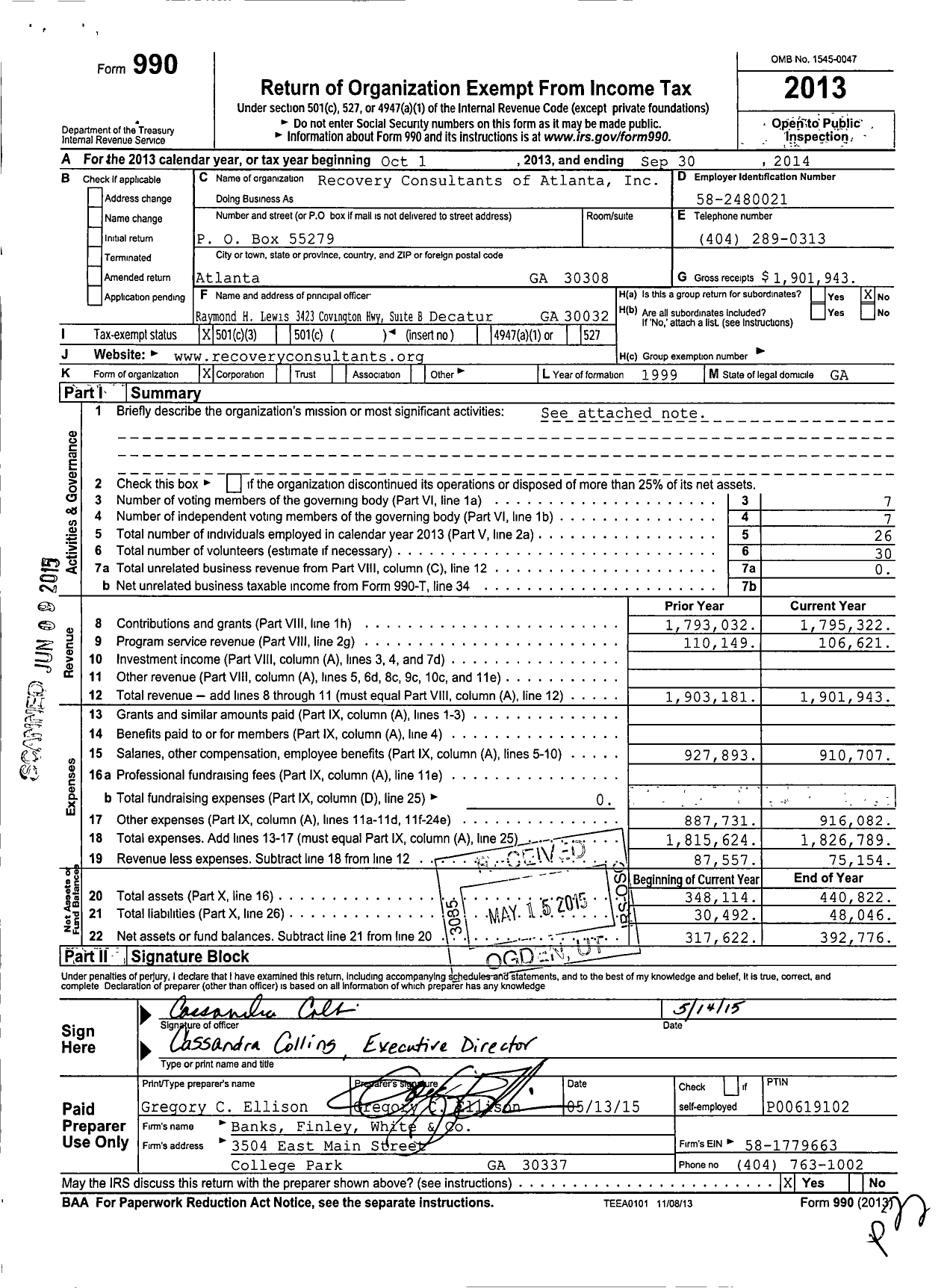 Image of first page of 2013 Form 990 for Recovery Consultants of Atlanta