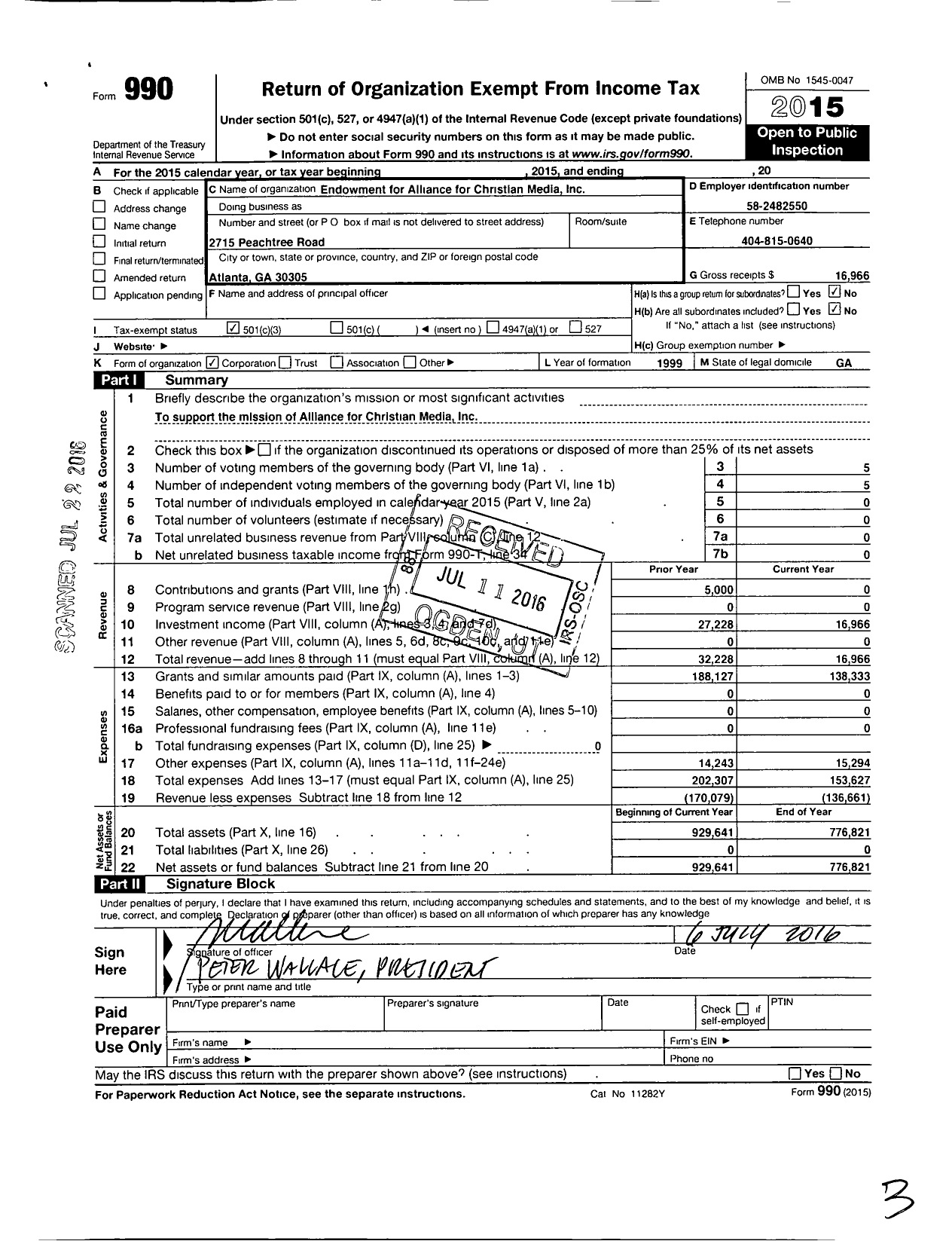 Image of first page of 2015 Form 990 for Endowment for Alliance for Christian Media