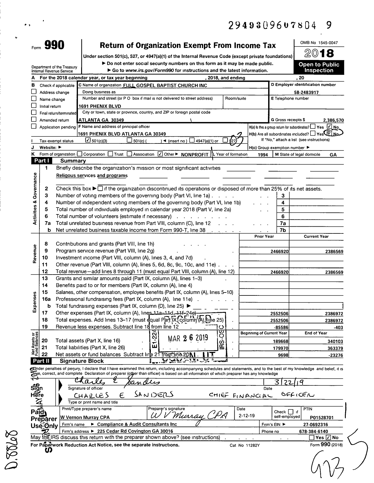 Image of first page of 2018 Form 990 for Full Gospel Baptist Church Fellowship International
