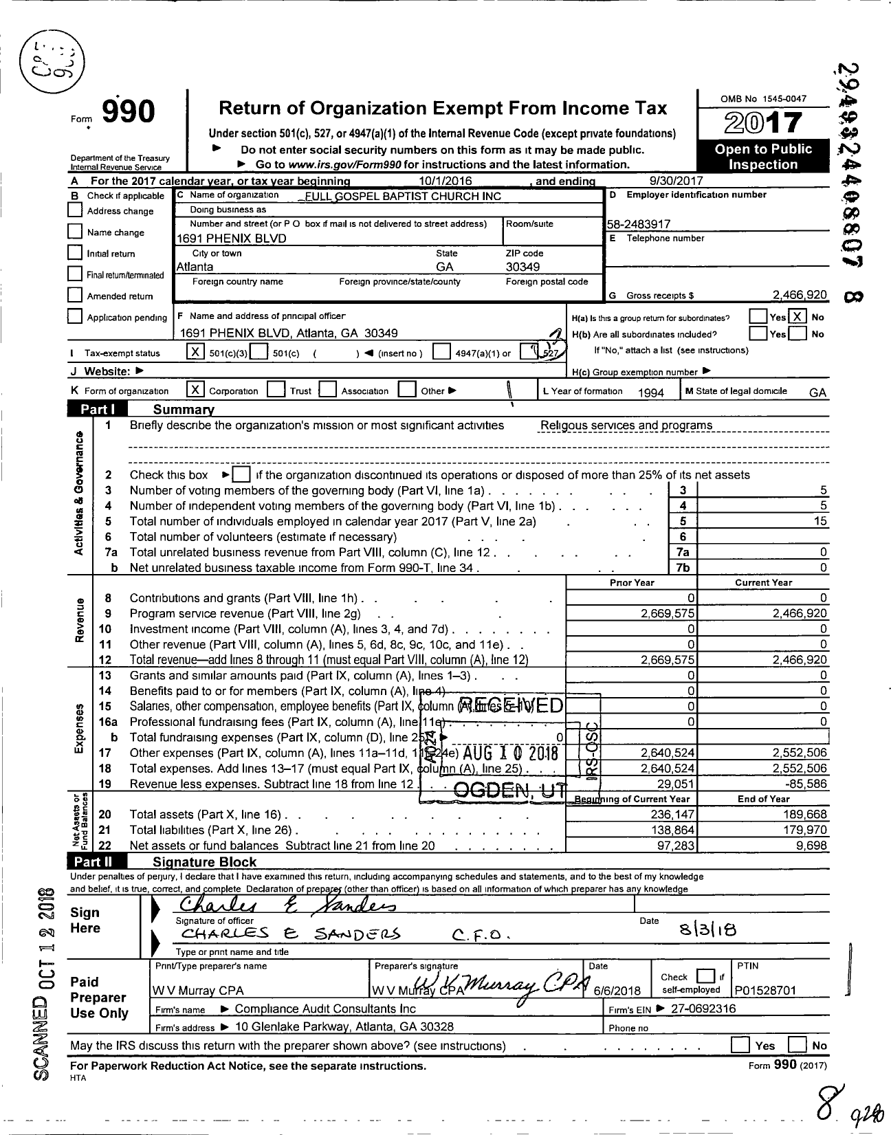 Image of first page of 2016 Form 990 for Full Gospel Baptist Church Fellowship International