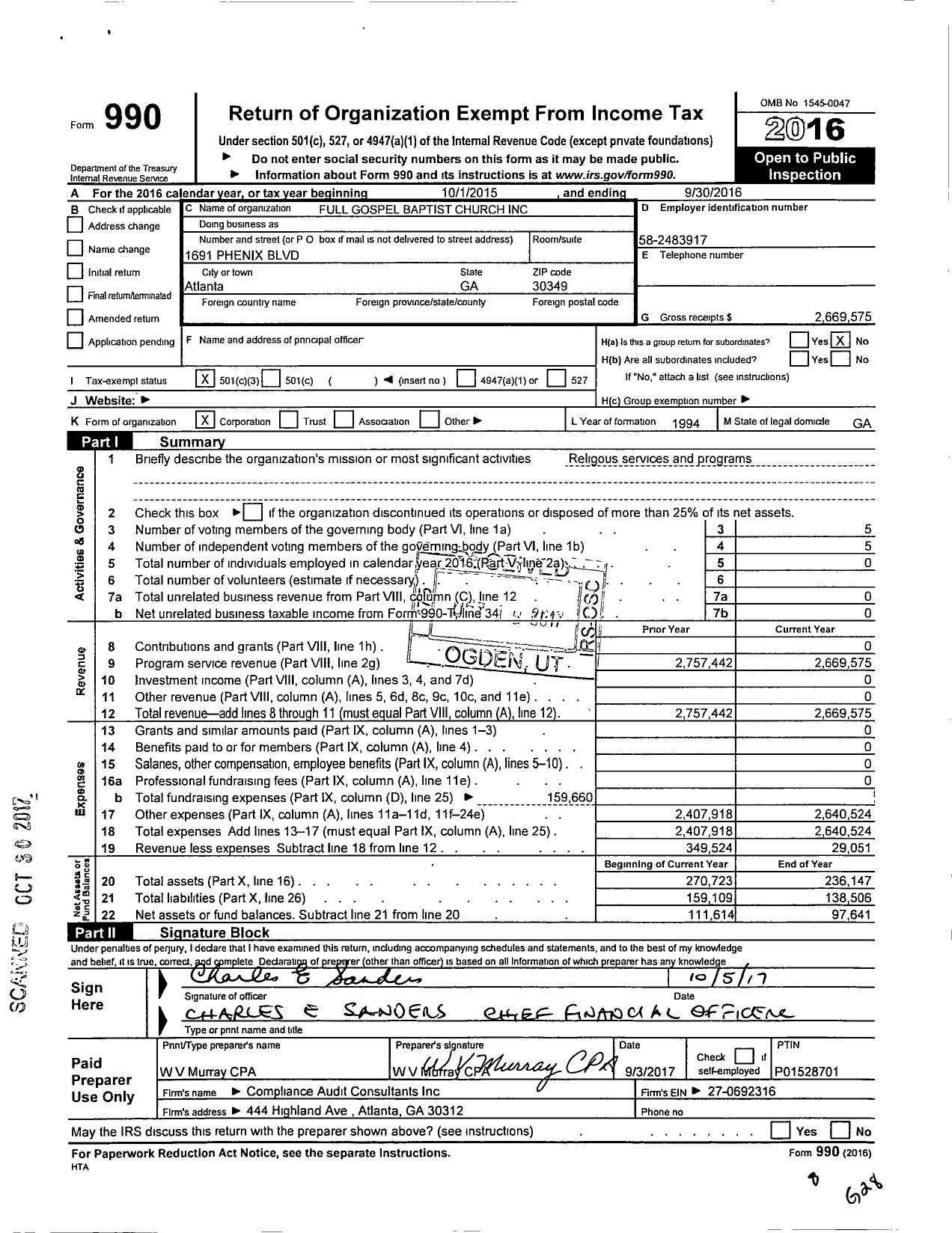 Image of first page of 2015 Form 990 for Full Gospel Baptist Church Fellowship International