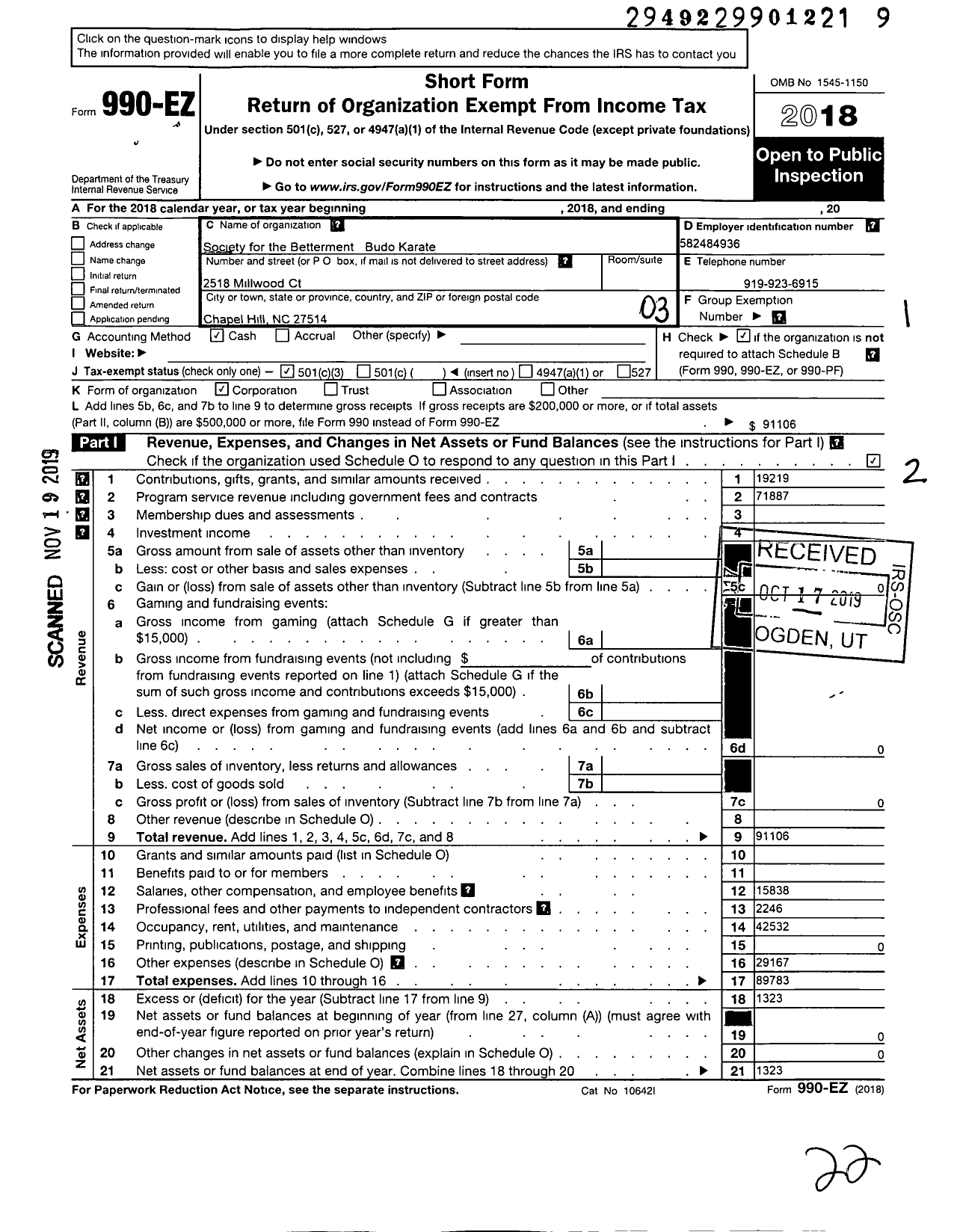 Image of first page of 2018 Form 990EZ for Society of the Bettermentbudo Karate