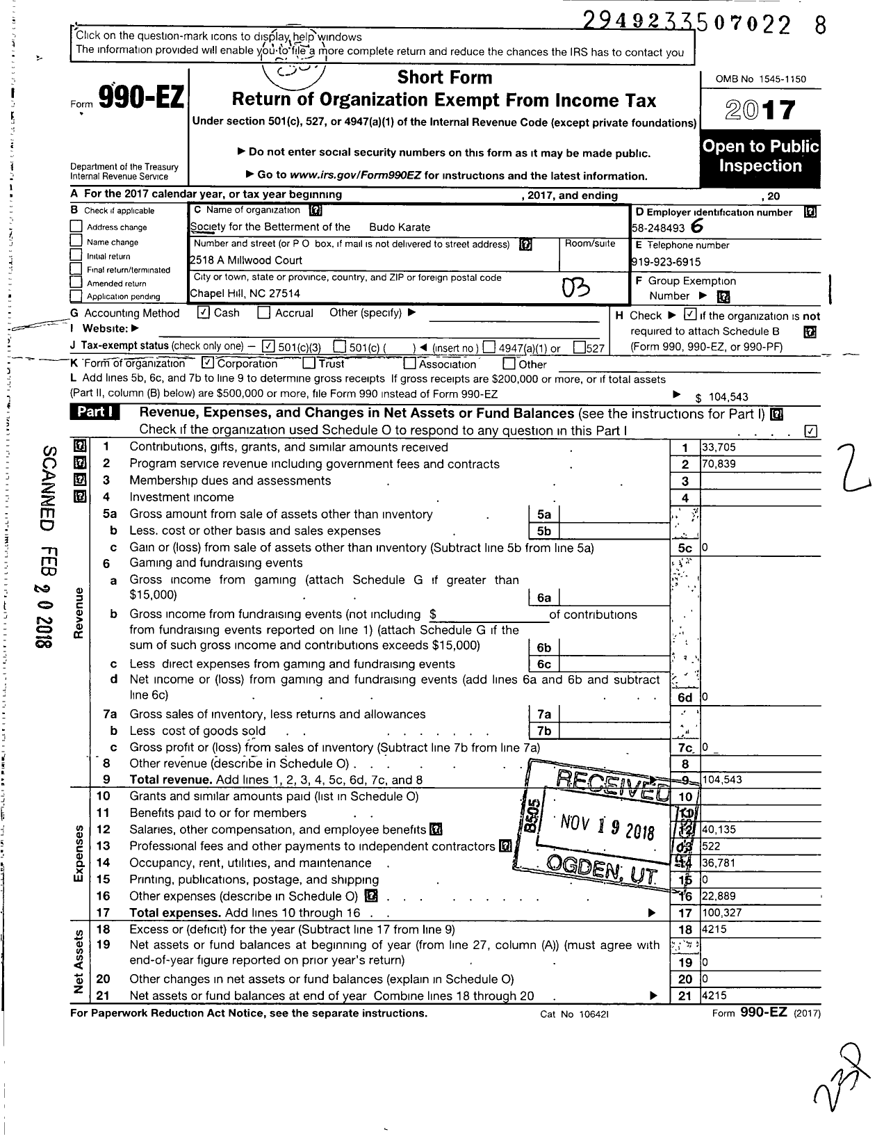 Image of first page of 2017 Form 990EZ for Society of the Bettermentbudo Karate