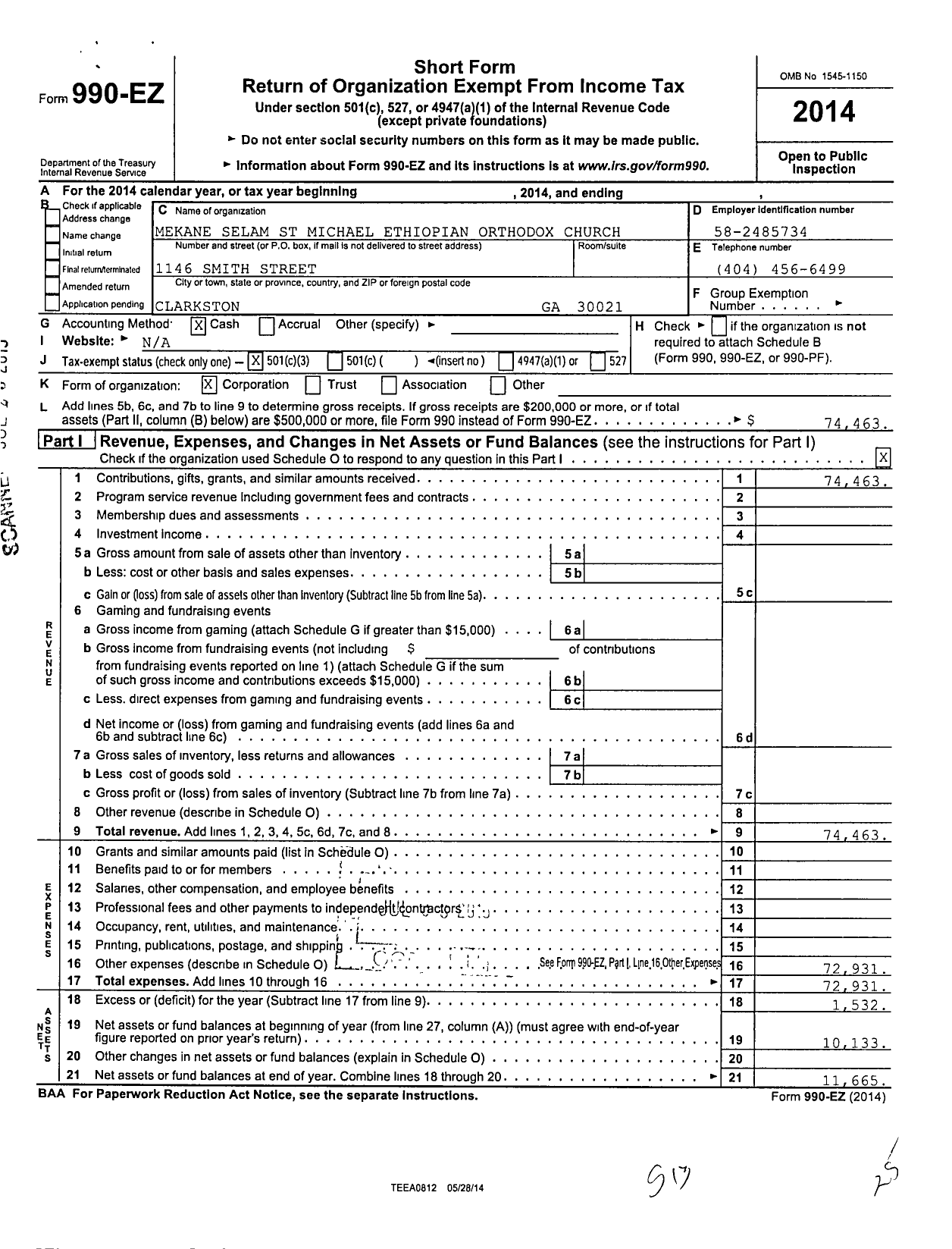 Image of first page of 2014 Form 990EZ for Mekane Selam St Michael Ethiopian Orthodox Church