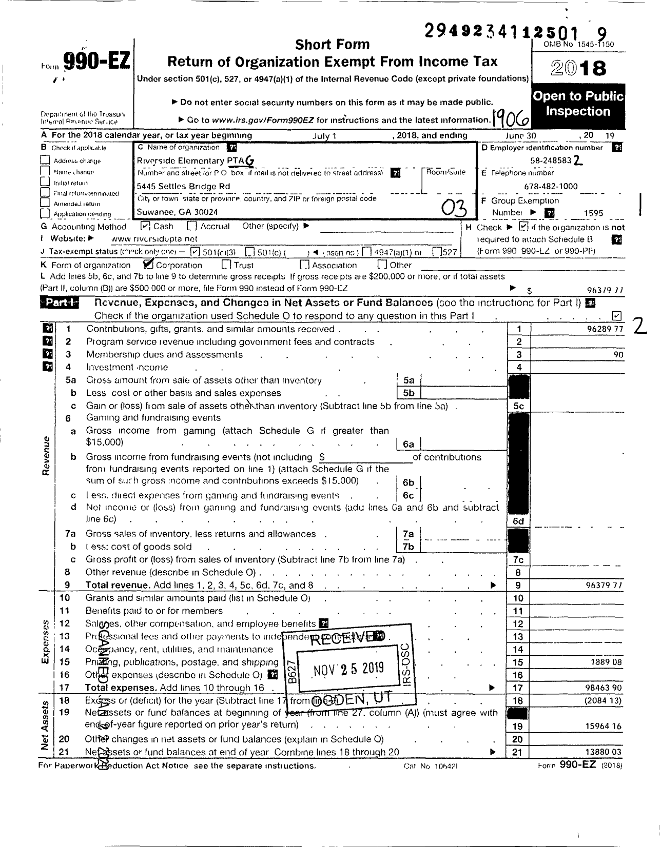 Image of first page of 2018 Form 990EZ for Georgia PTA - Riverside Es PTA