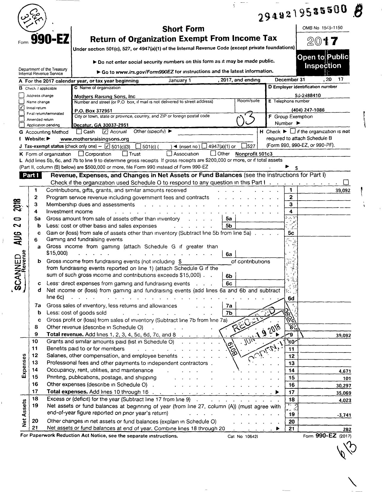 Image of first page of 2017 Form 990EZ for Mothers Raising Sons Inc TM