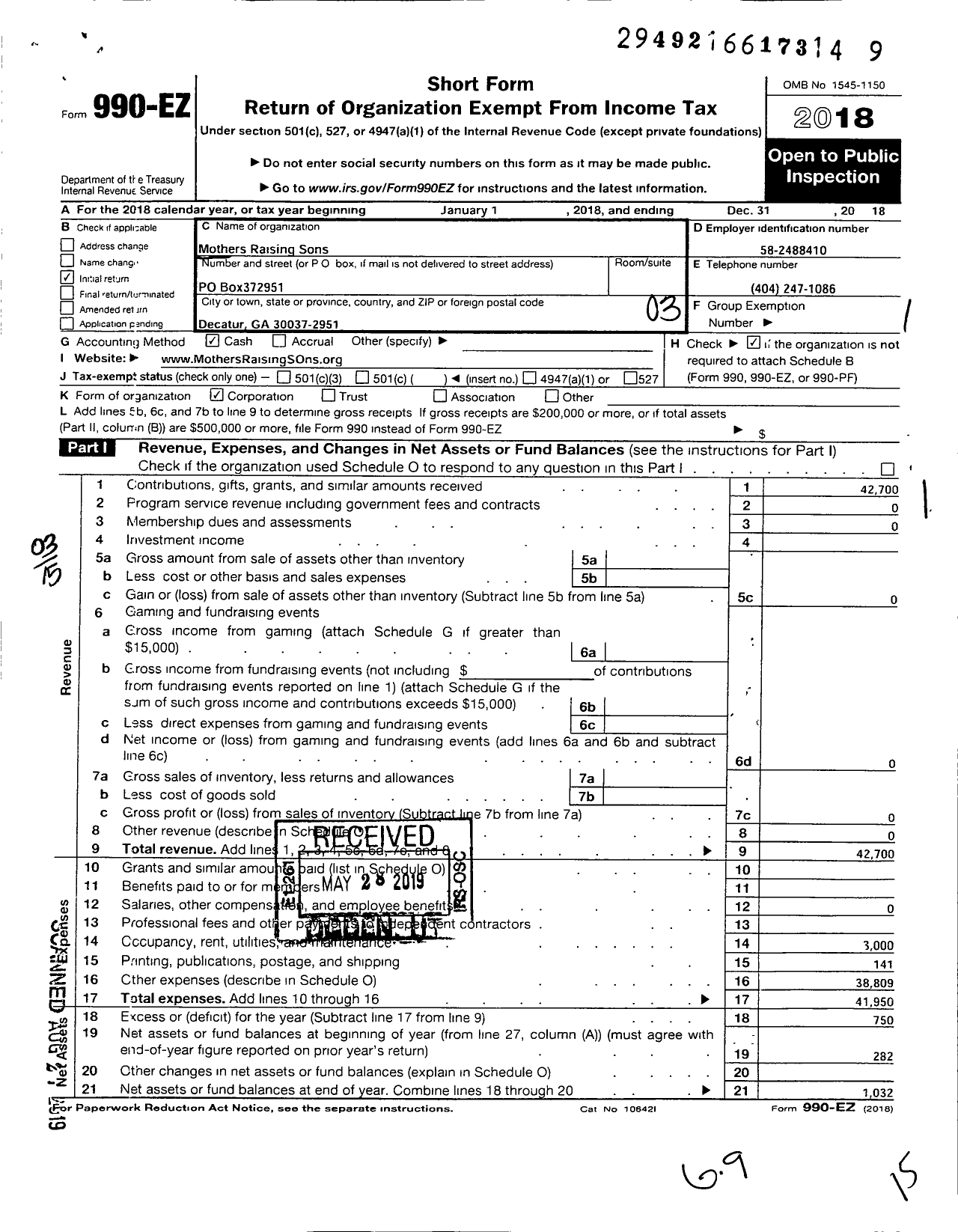 Image of first page of 2018 Form 990EZ for Mothers Raising Sons Inc TM