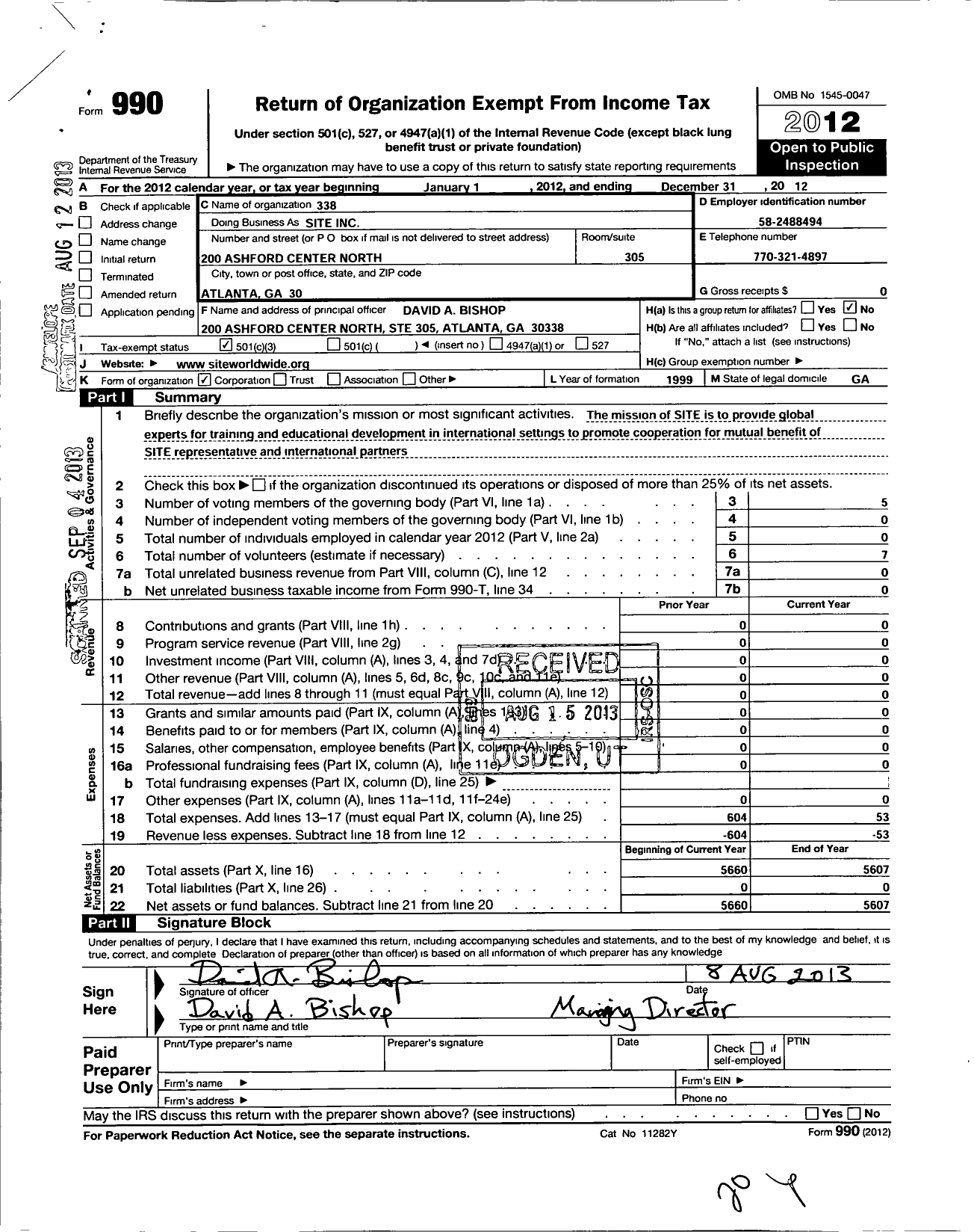 Image of first page of 2012 Form 990 for Specialists for International Training and Education