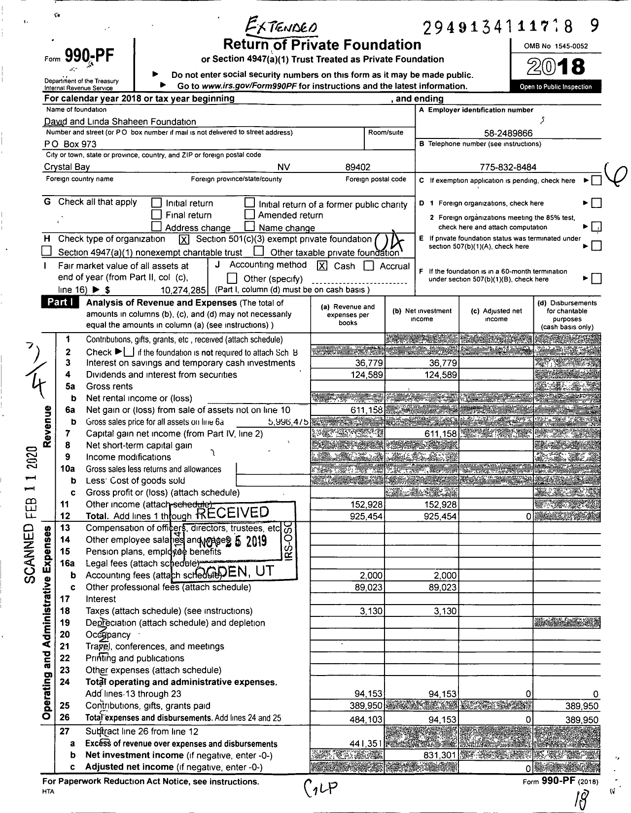 Image of first page of 2018 Form 990PF for The David & Linda Shaheen Foundation