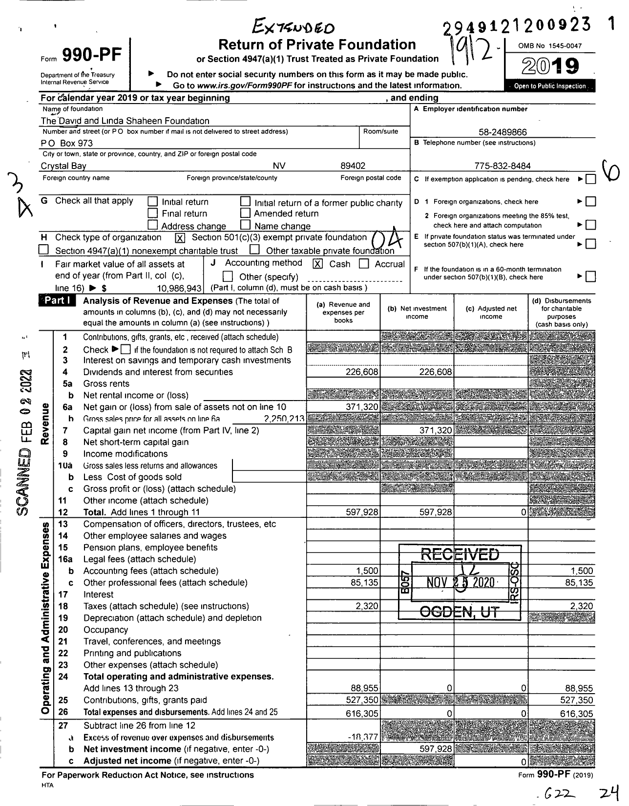 Image of first page of 2019 Form 990PF for The David & Linda Shaheen Foundation