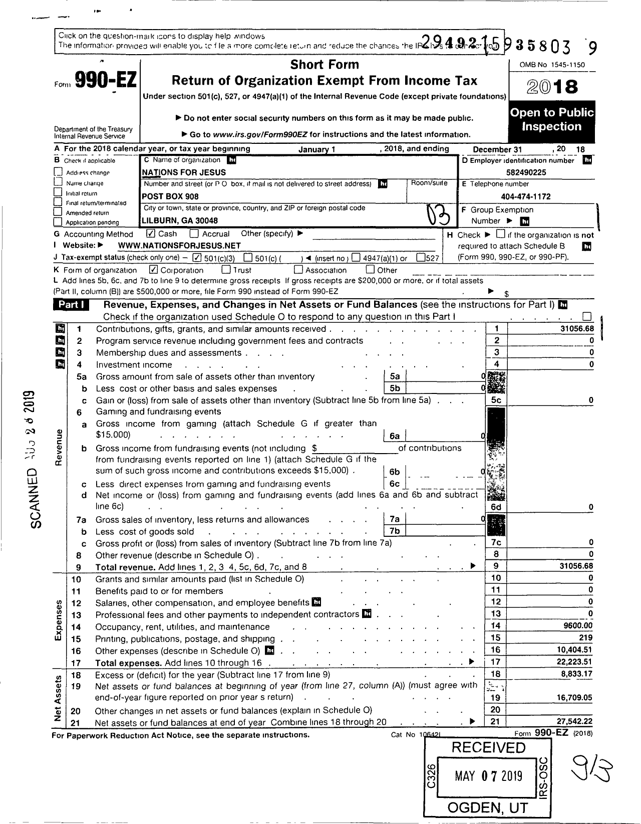 Image of first page of 2018 Form 990EZ for Nations for Jesus