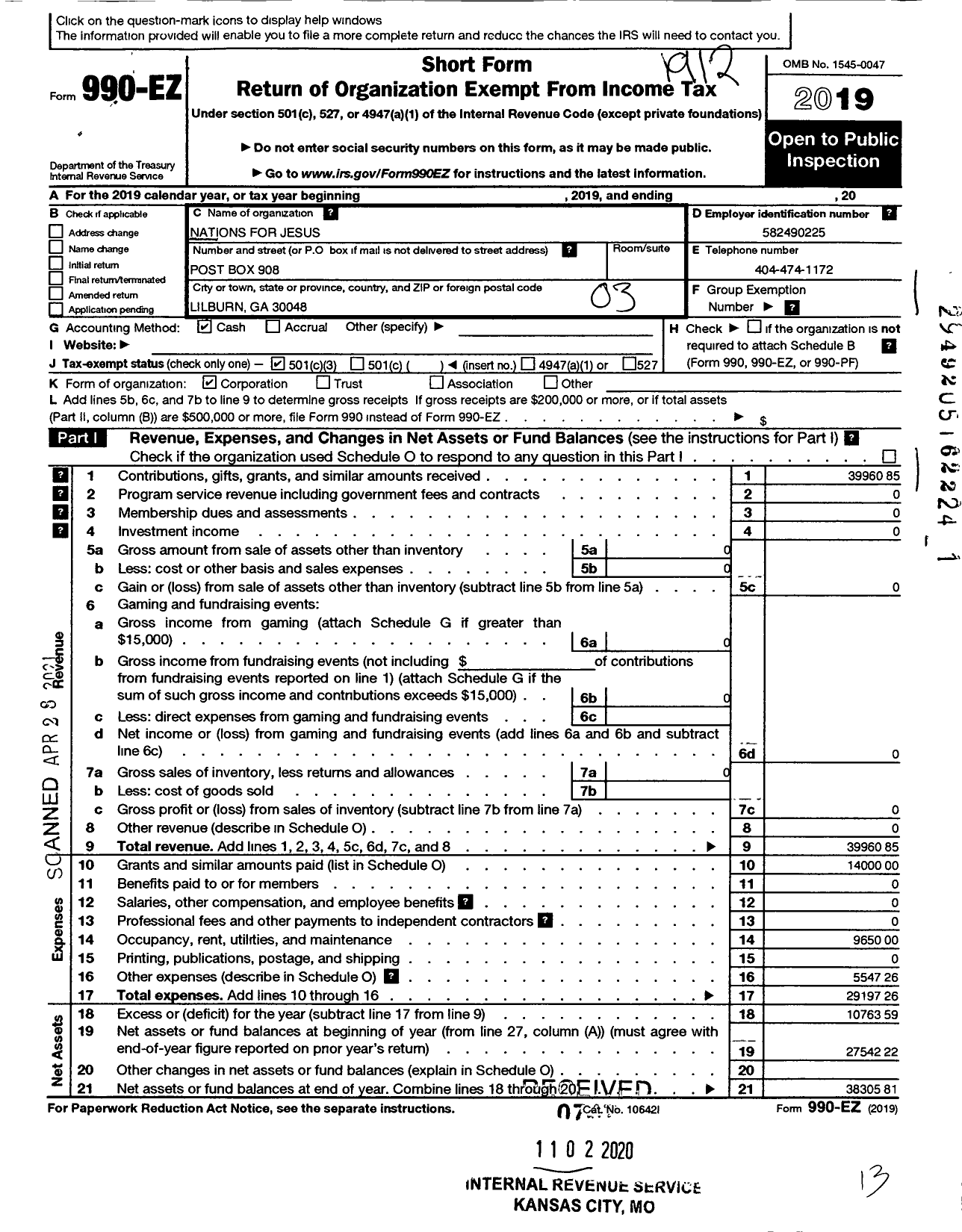 Image of first page of 2019 Form 990EZ for Nations for Jesus