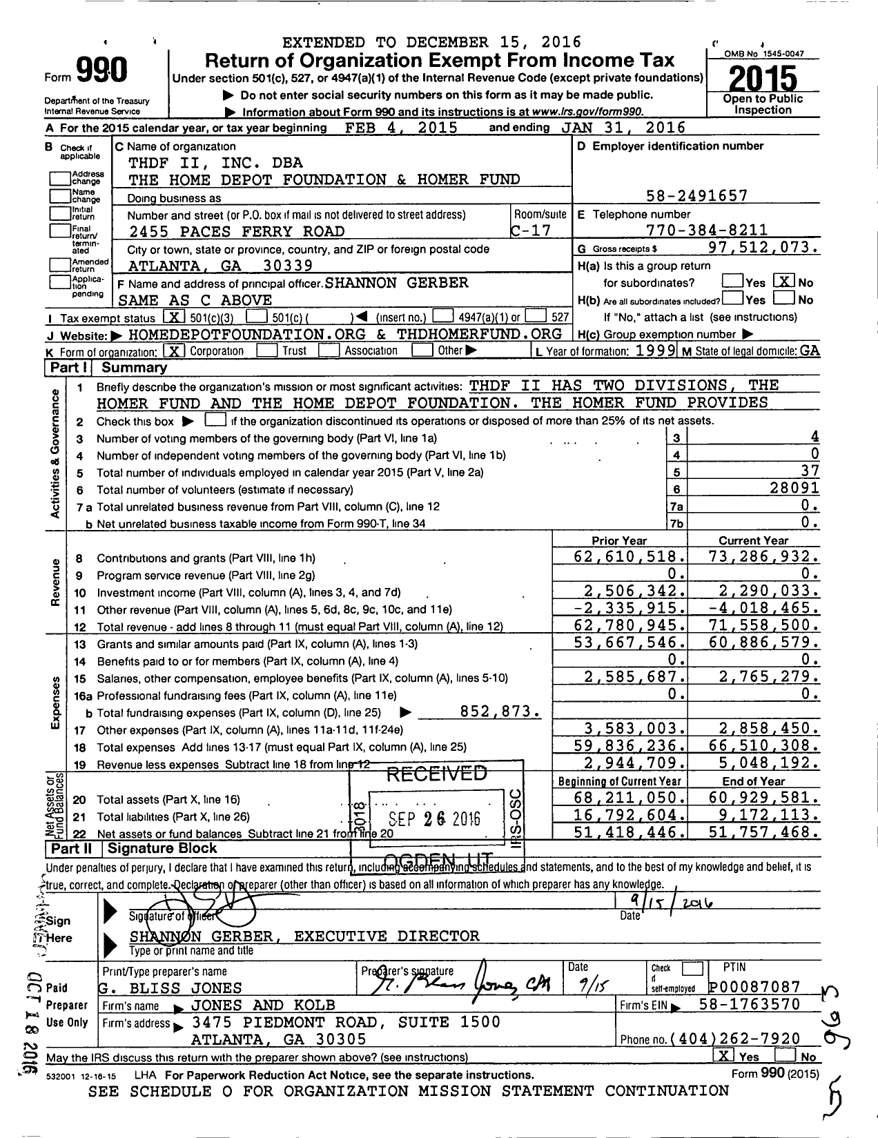 Image of first page of 2015 Form 990 for The Home Depot Foundation and Homer Fund