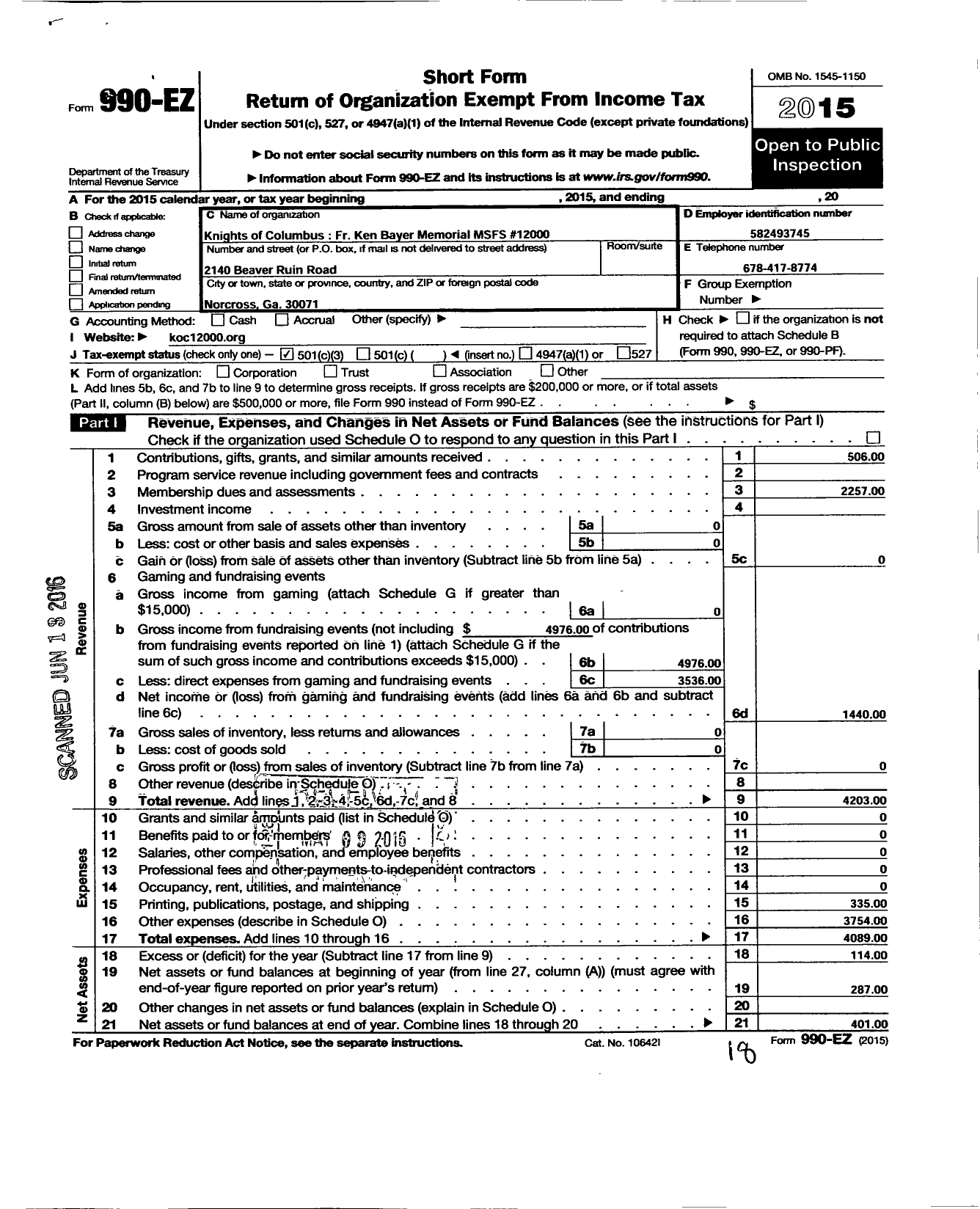 Image of first page of 2015 Form 990EZ for FR Ken W Bayer MSFS Council No 12000 Knights of Columbus