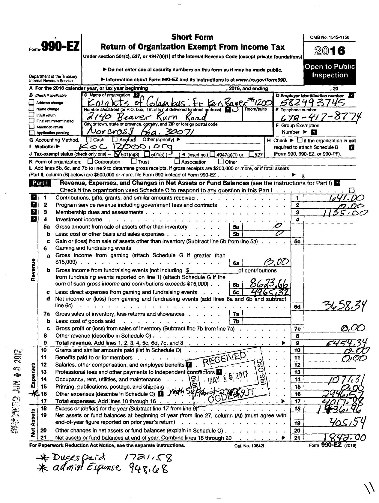 Image of first page of 2016 Form 990EZ for FR Ken W Bayer MSFS Council No 12000 Knights of Columbus