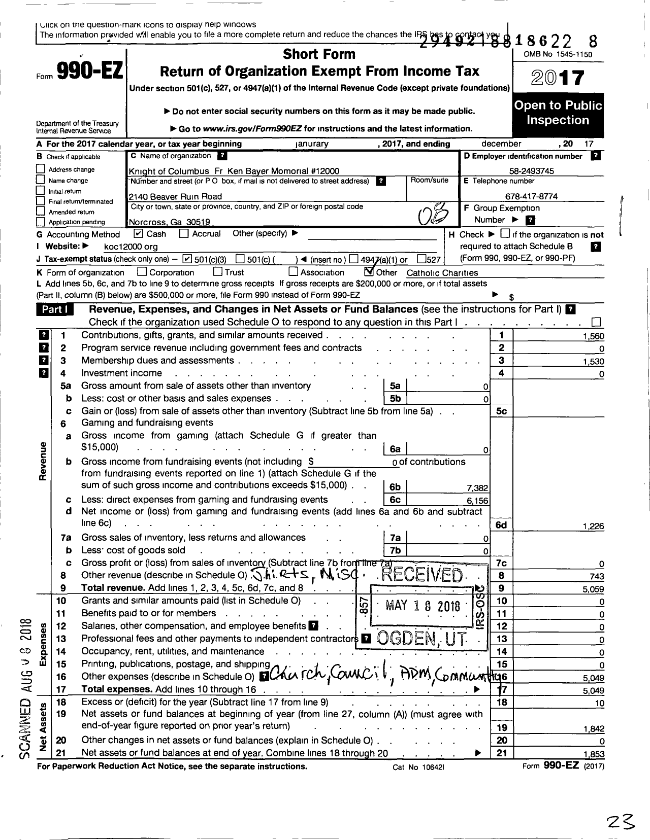 Image of first page of 2017 Form 990EO for FR Ken W Bayer MSFS Council No 12000 Knights of Columbus