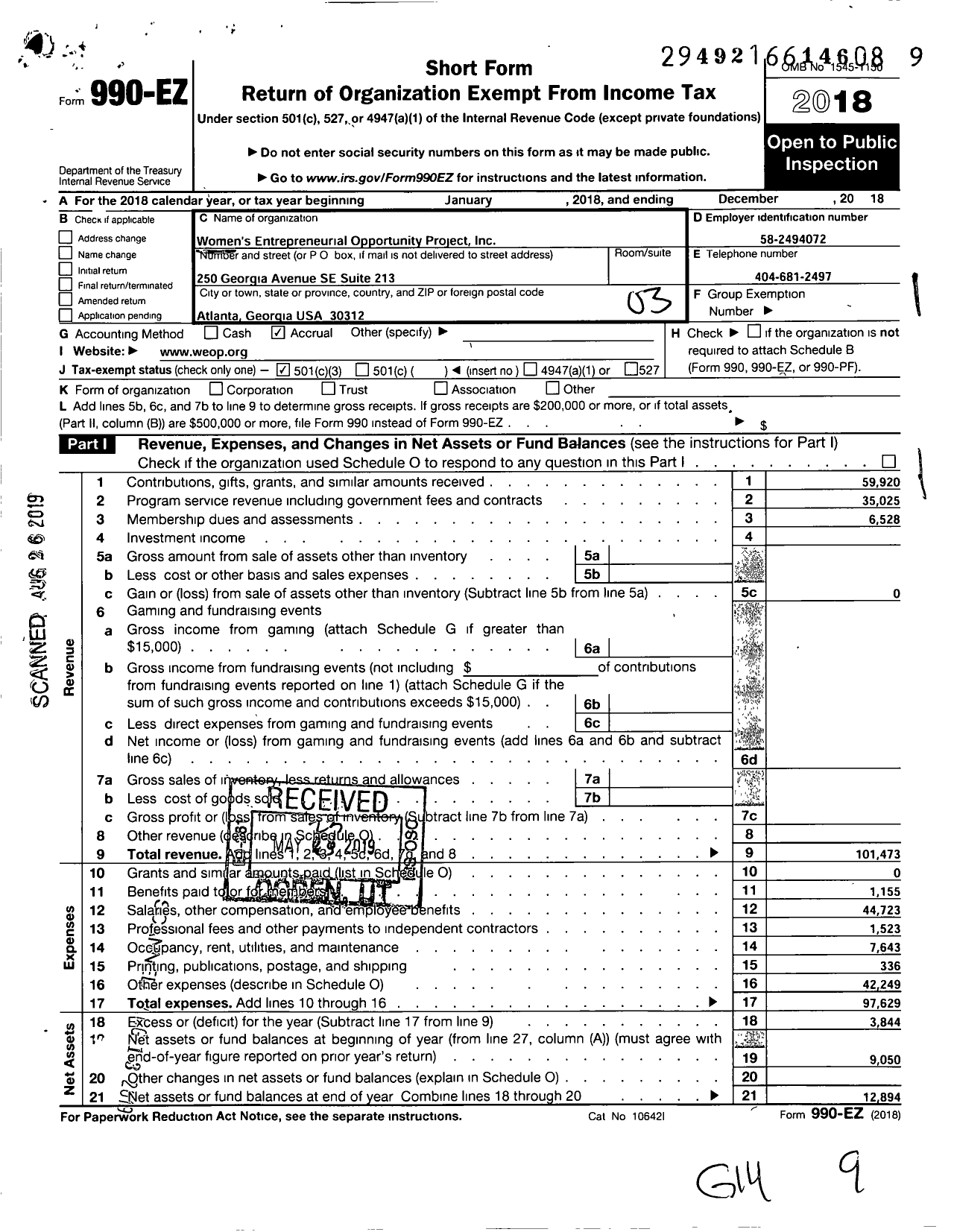 Image of first page of 2018 Form 990EZ for Womens Entrepreneurial Opportunity Project (WEOP)