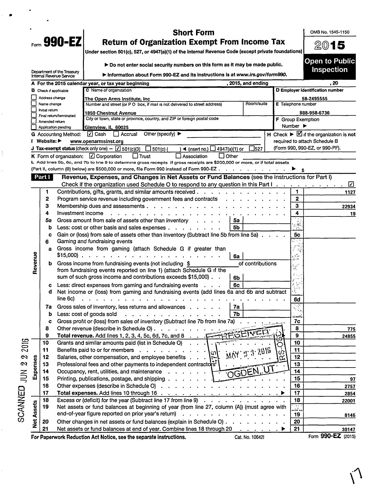 Image of first page of 2015 Form 990EZ for Open Arms Institute