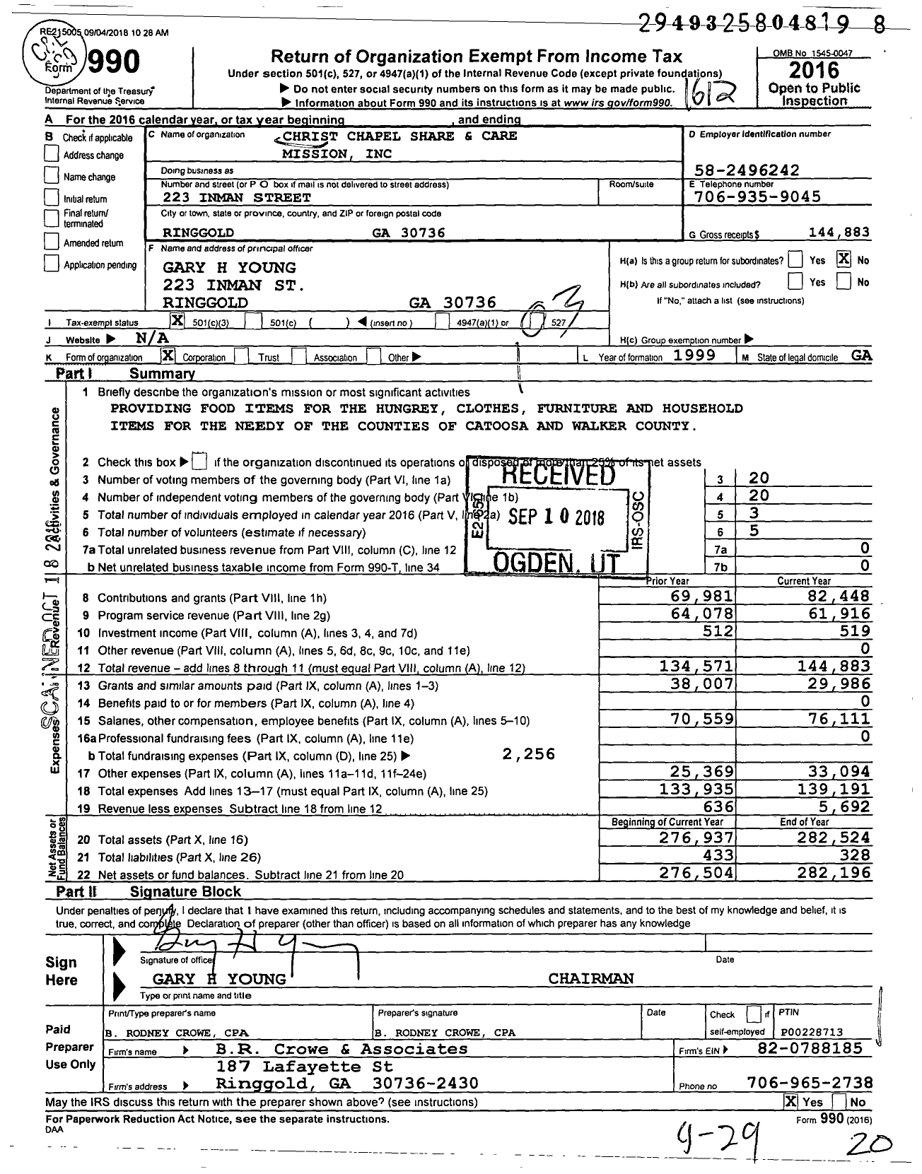 Image of first page of 2016 Form 990 for Christ Chapel Share and Care Mission