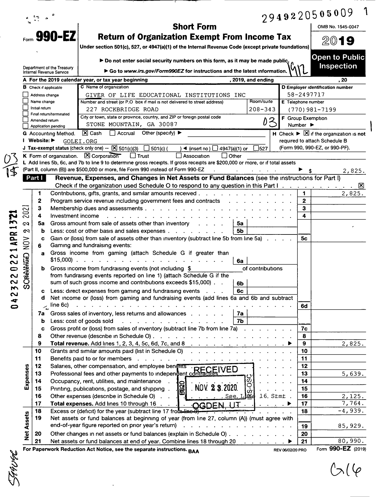 Image of first page of 2019 Form 990EZ for Giver of Life Educational Institutions