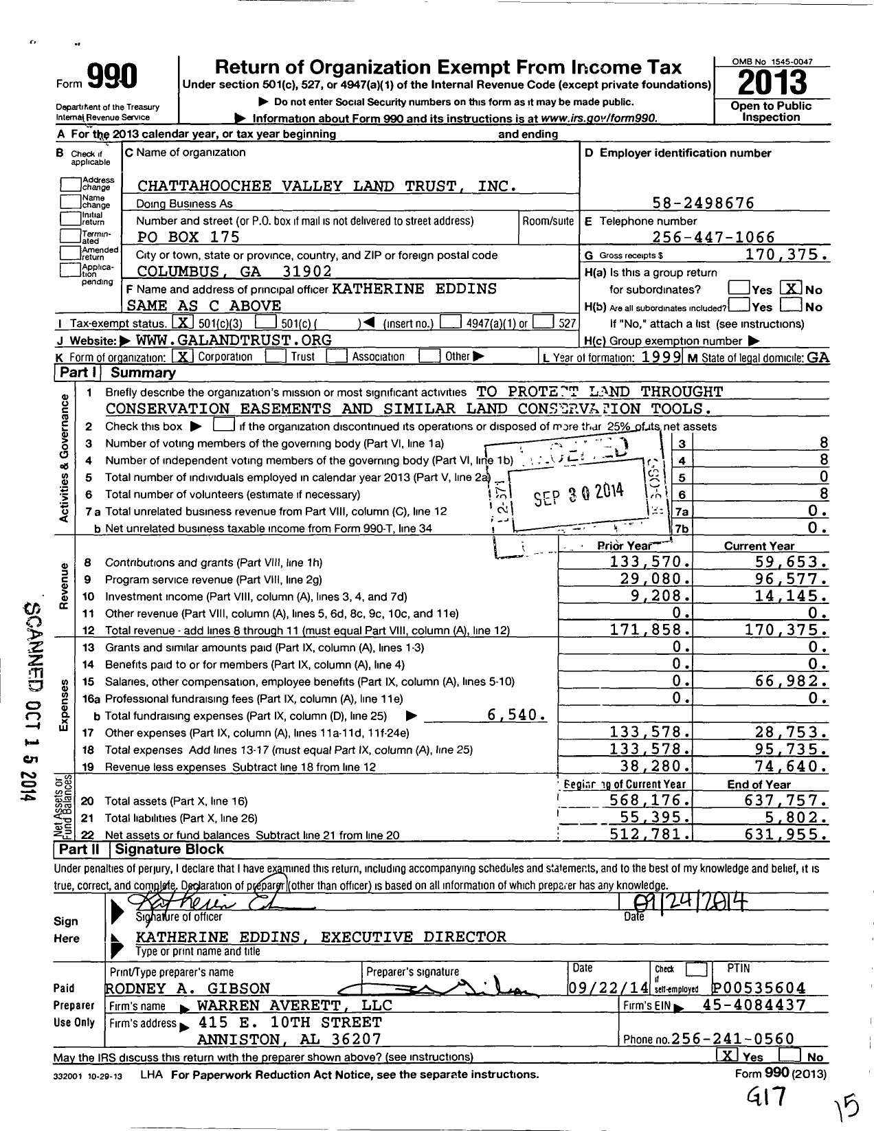 Image of first page of 2013 Form 990 for Chattahoochee Valley Land Trust