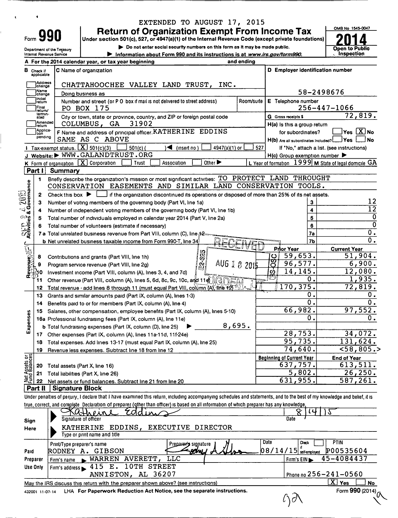 Image of first page of 2014 Form 990 for Chattahoochee Valley Land Trust