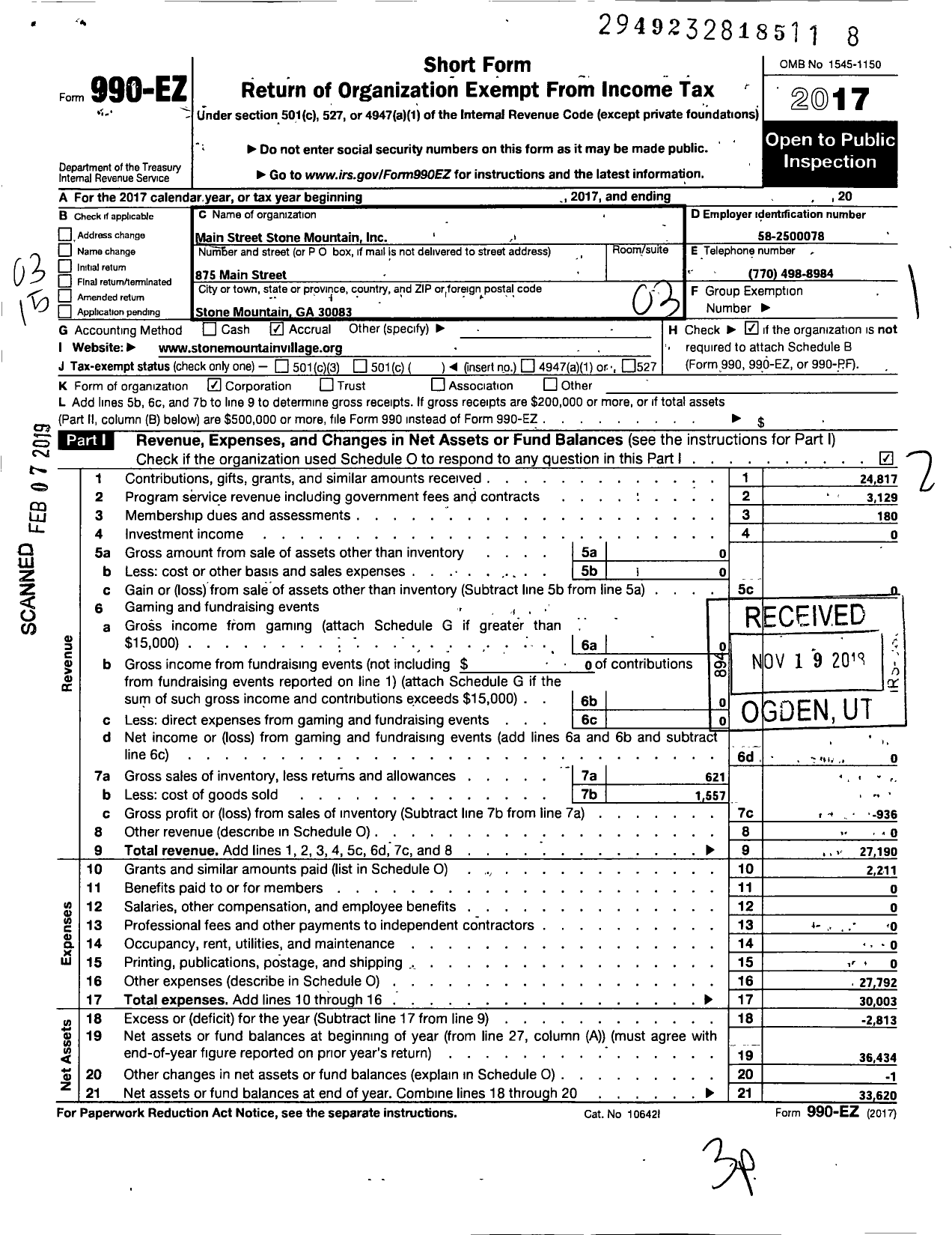 Image of first page of 2017 Form 990EZ for Main Street Stone Mountain