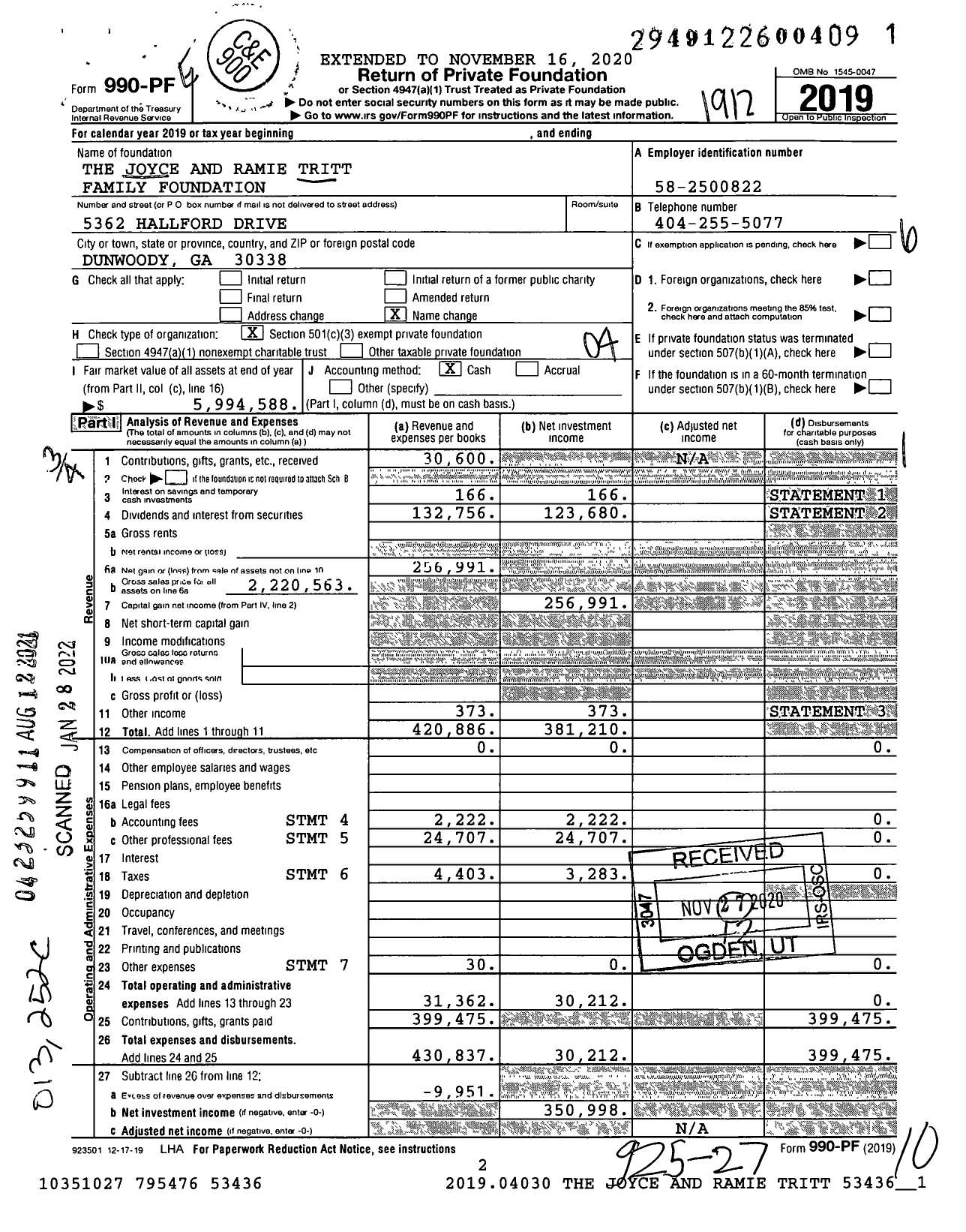 Image of first page of 2019 Form 990PF for The Joyce and Ramie Tritt Family Foundation
