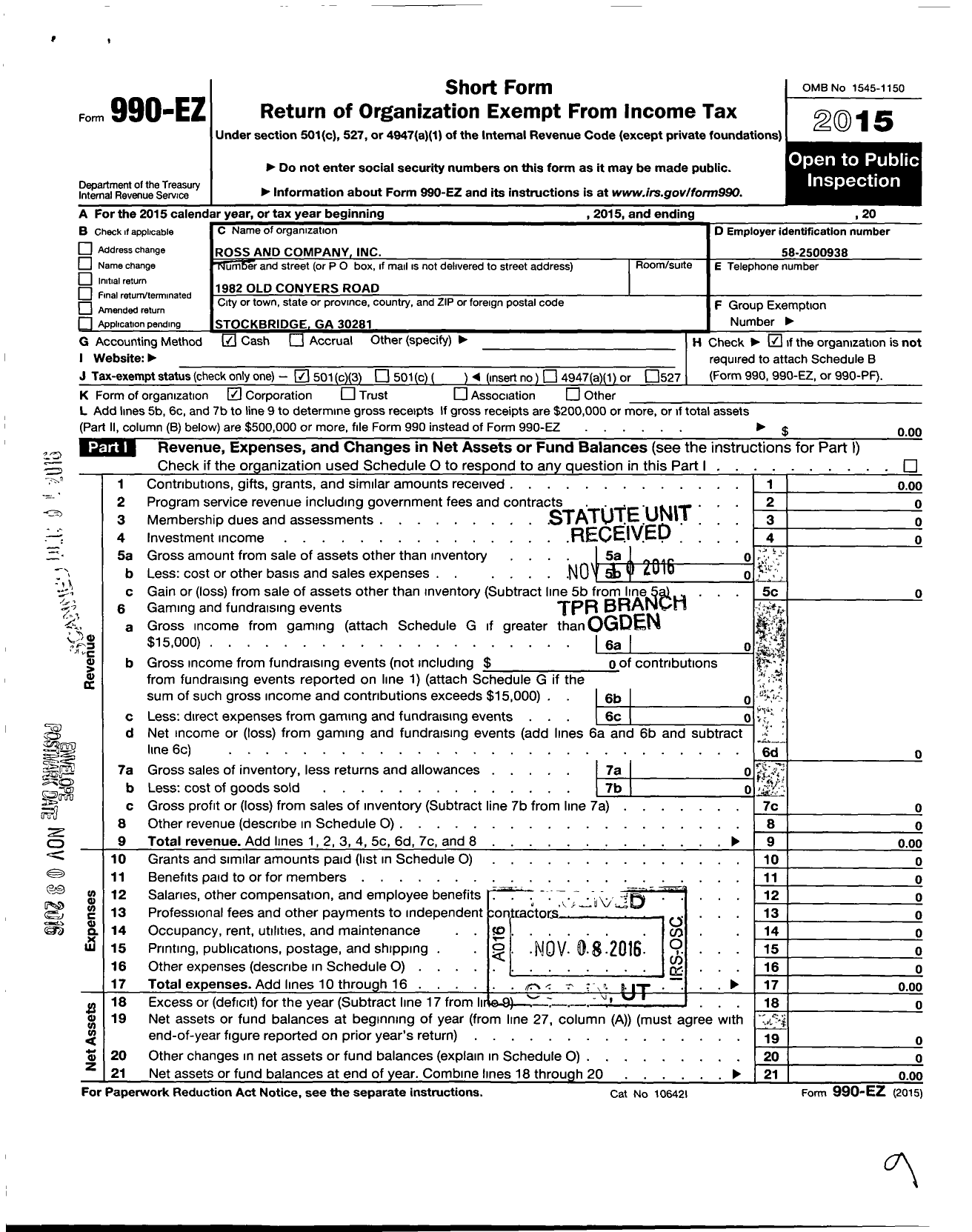 Image of first page of 2015 Form 990EZ for Ross and Company