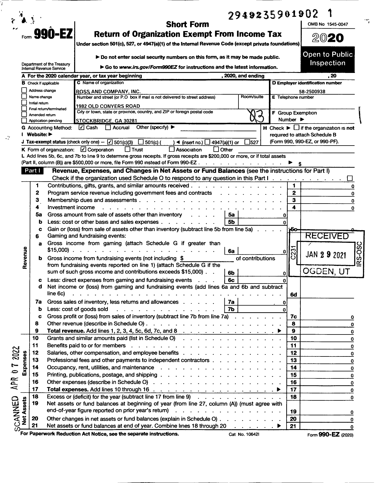 Image of first page of 2020 Form 990EZ for Ross and Company