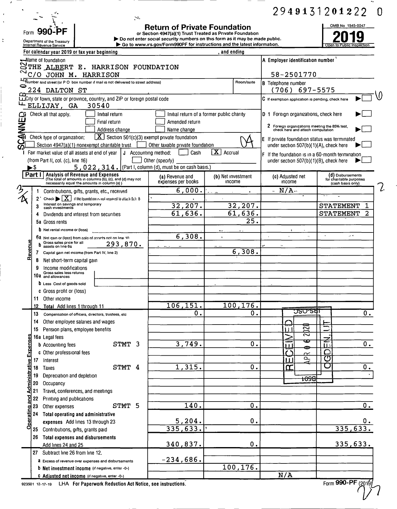 Image of first page of 2019 Form 990PF for The Albert E Harrison Foundation