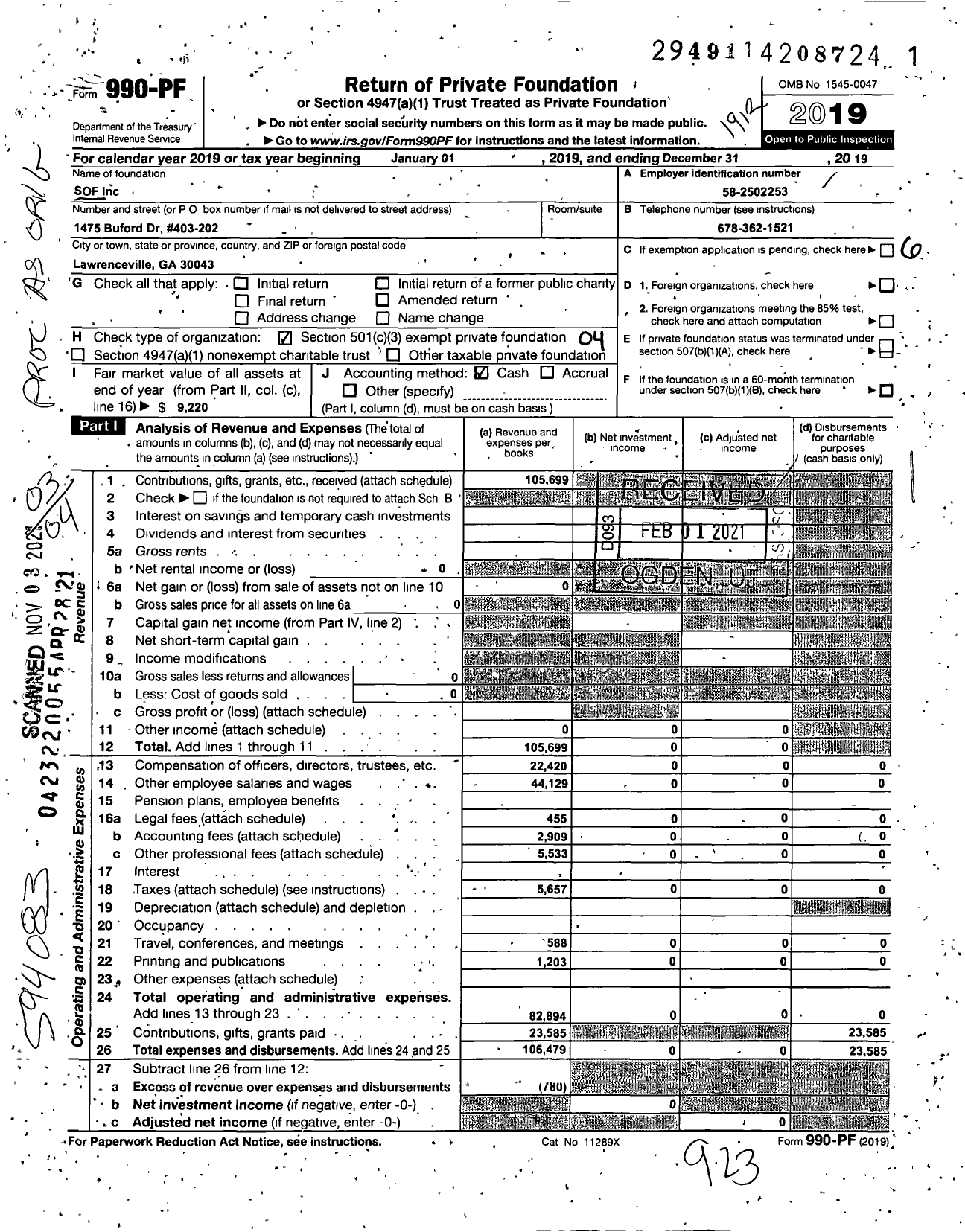 Image of first page of 2019 Form 990PF for Sof