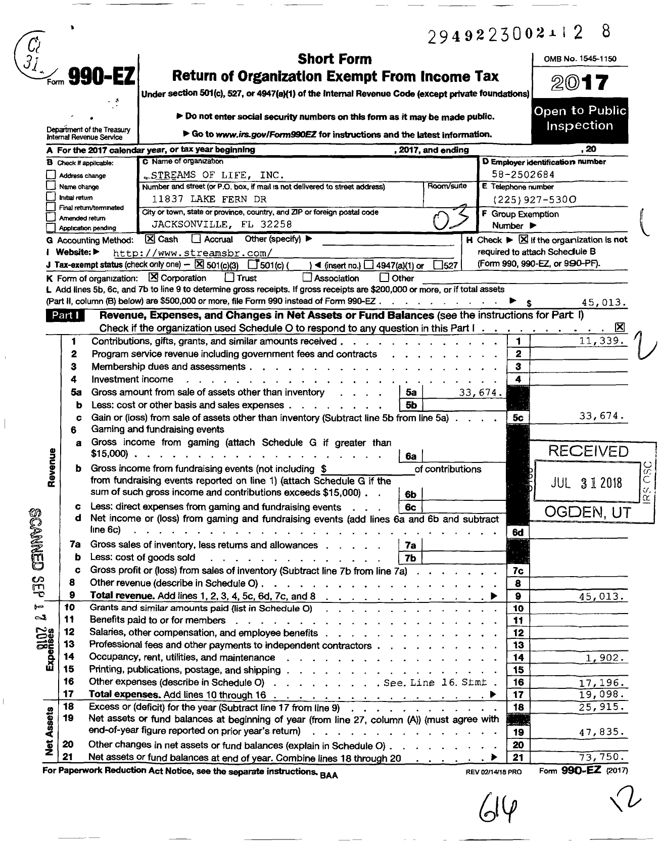 Image of first page of 2017 Form 990EZ for Streams of Life