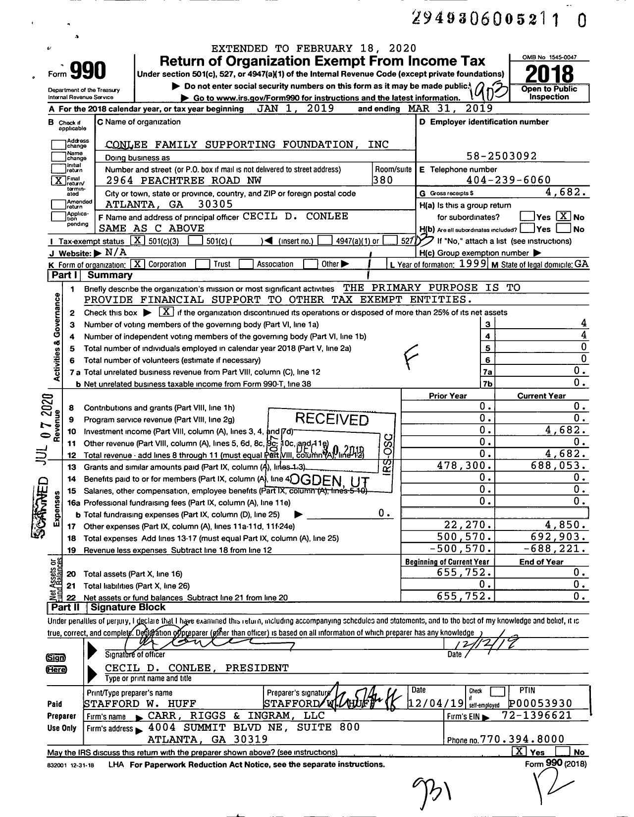 Image of first page of 2018 Form 990 for Conlee Family Supporting Foundation