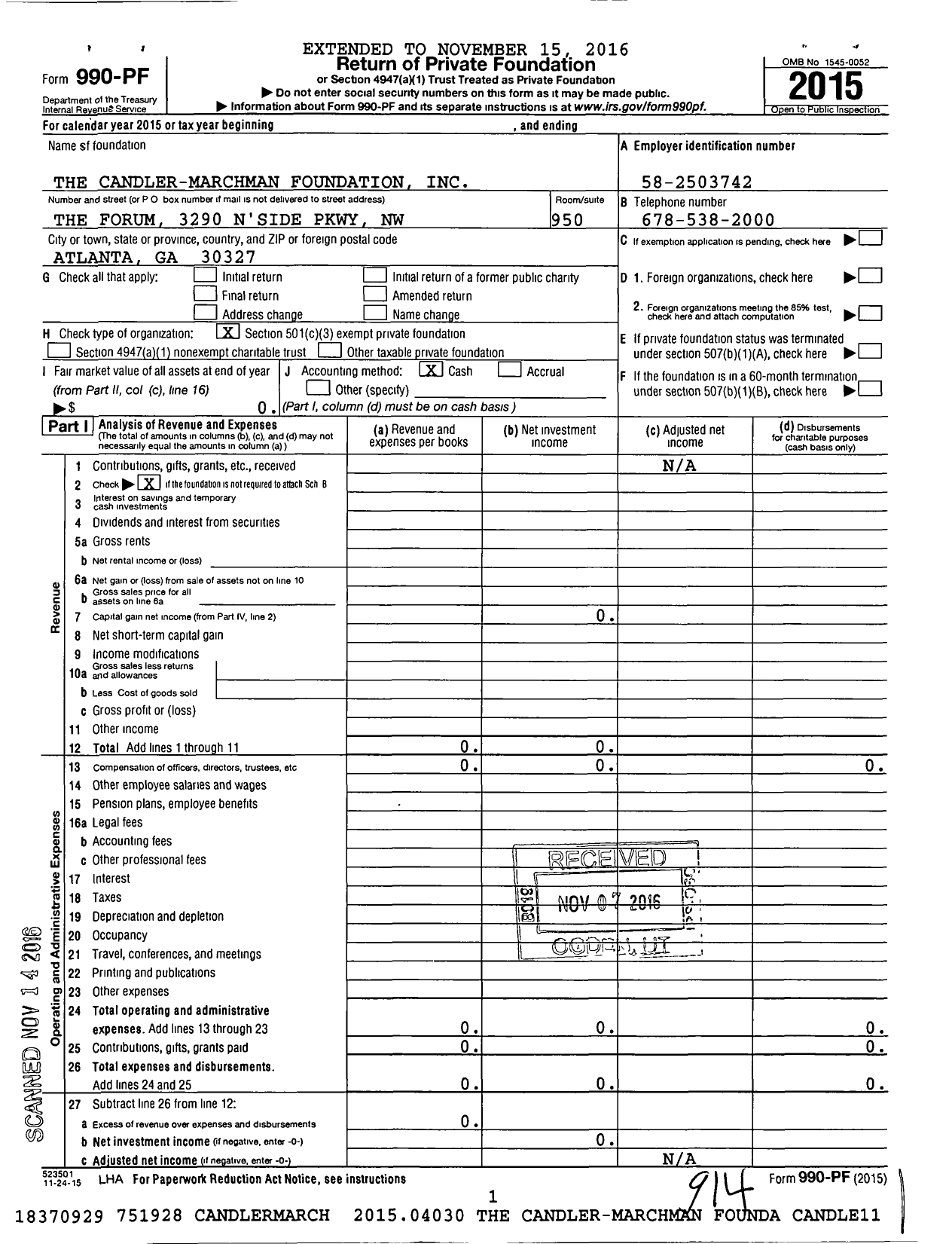 Image of first page of 2015 Form 990PF for The Candler-Marchman Foundation