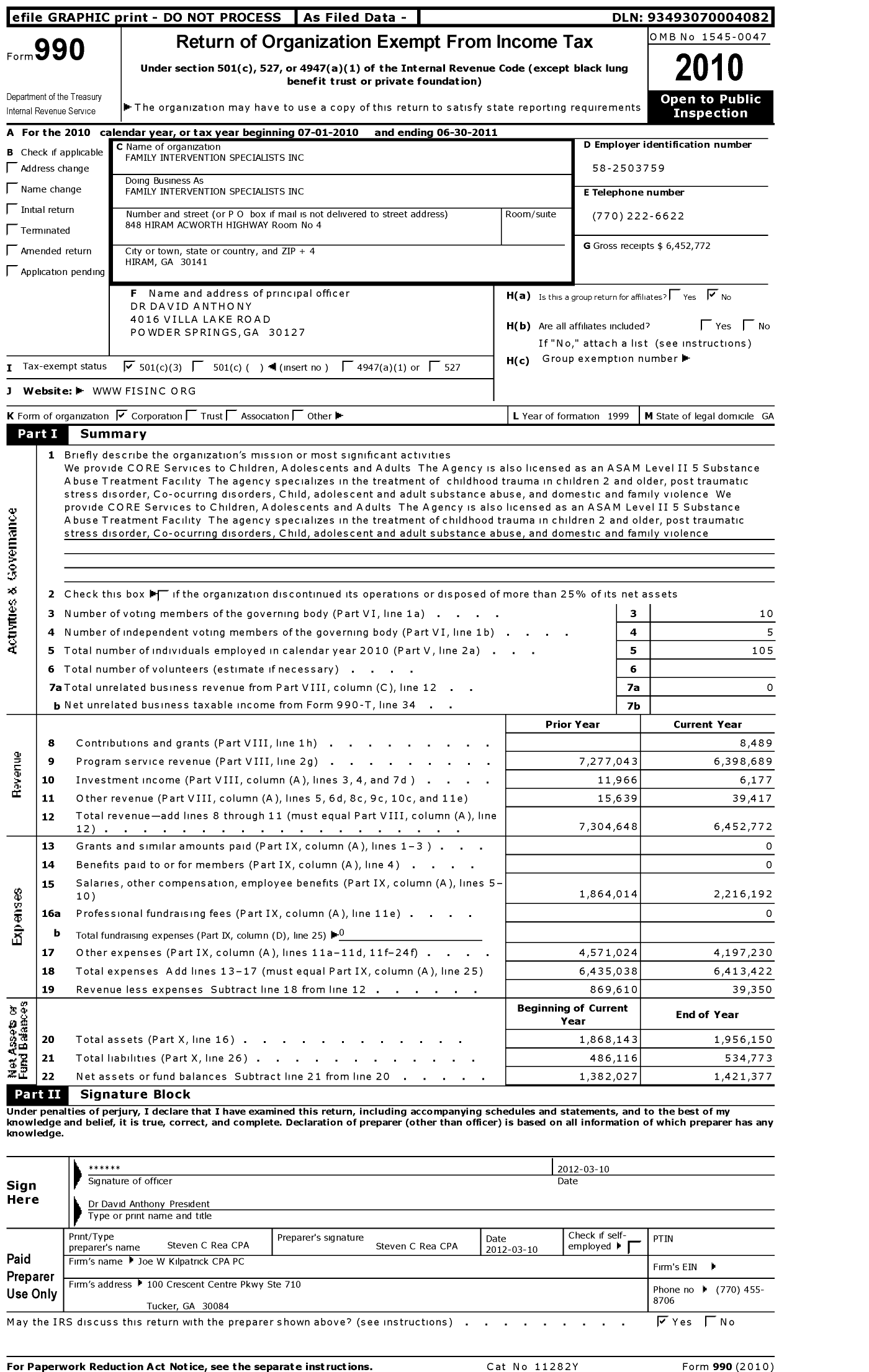 Image of first page of 2010 Form 990 for Family Intervention Specialists