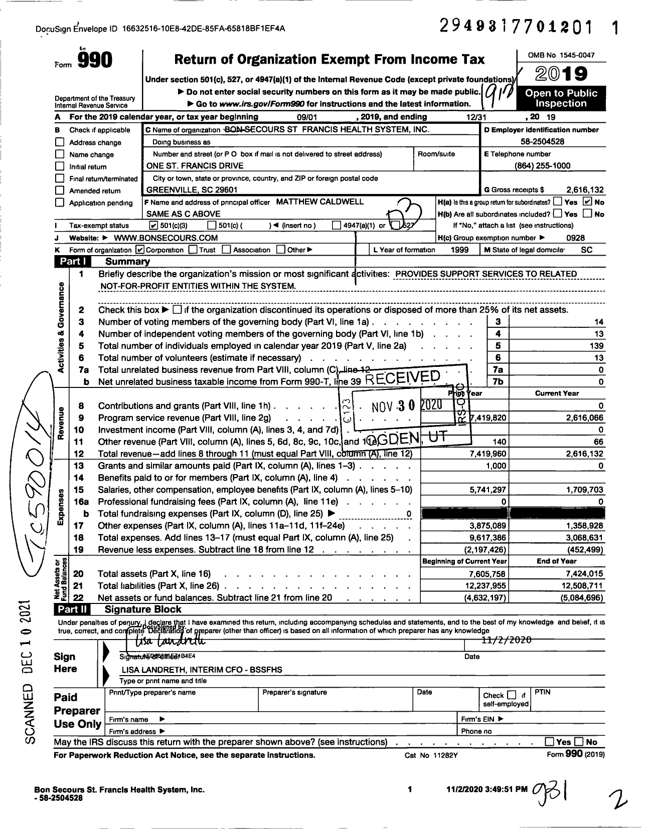 Image of first page of 2019 Form 990 for Bon Secours St Francis Health System