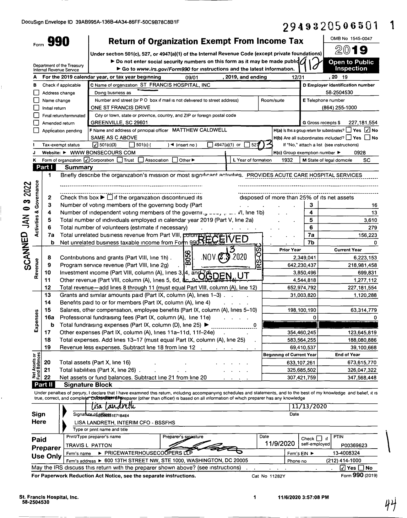 Image of first page of 2019 Form 990 for St. Francis Hospital