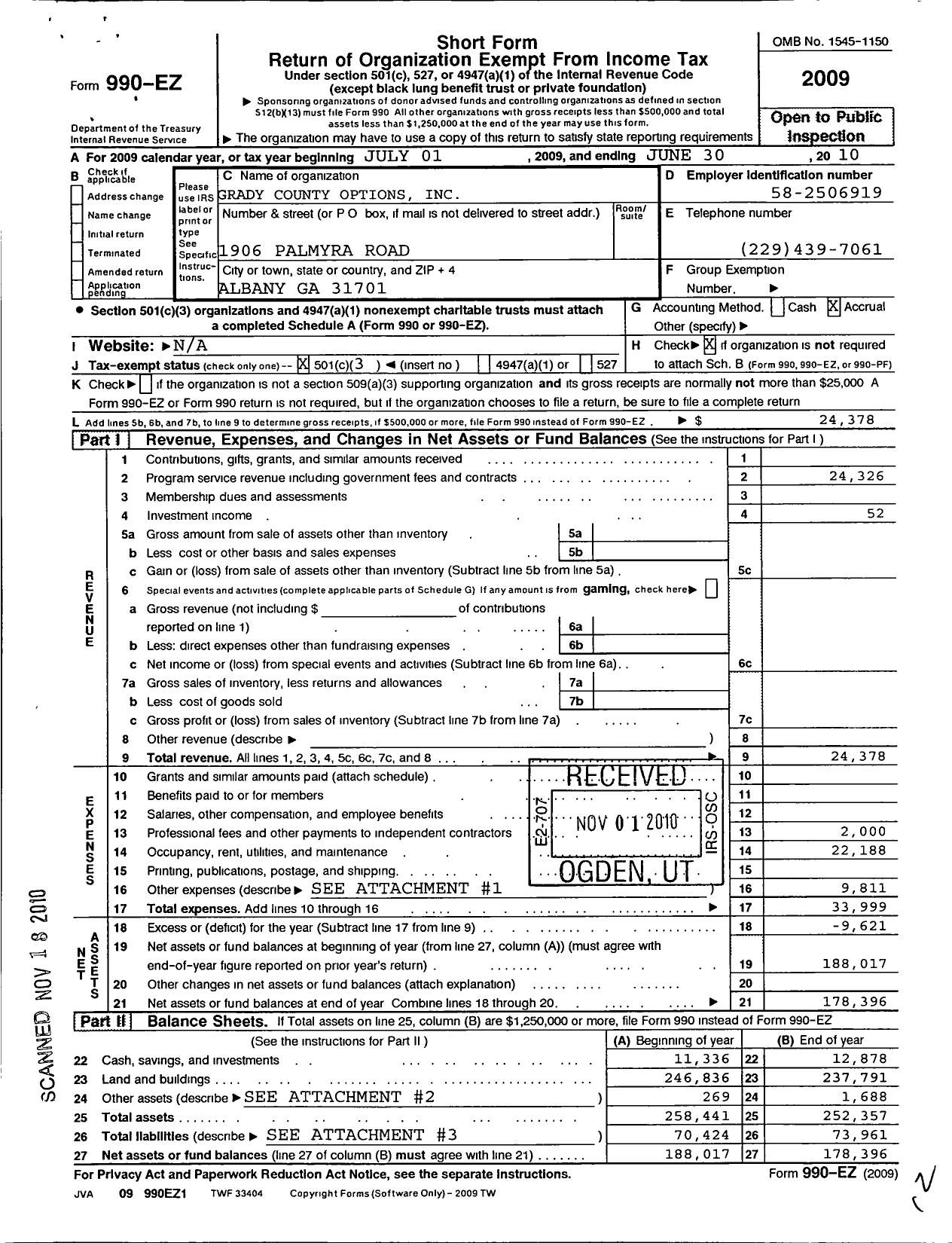 Image of first page of 2009 Form 990EZ for Grady County Options for Living