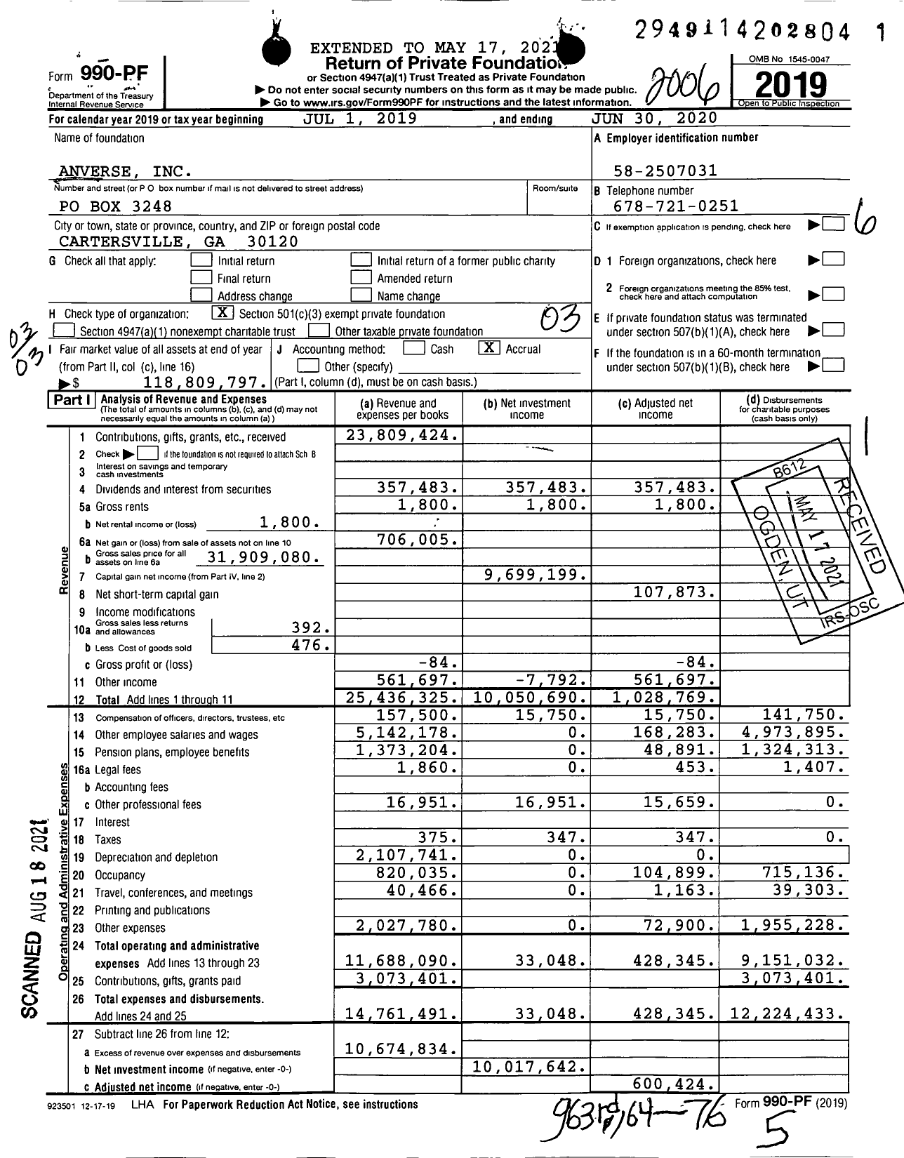 Image of first page of 2019 Form 990PF for Anverse