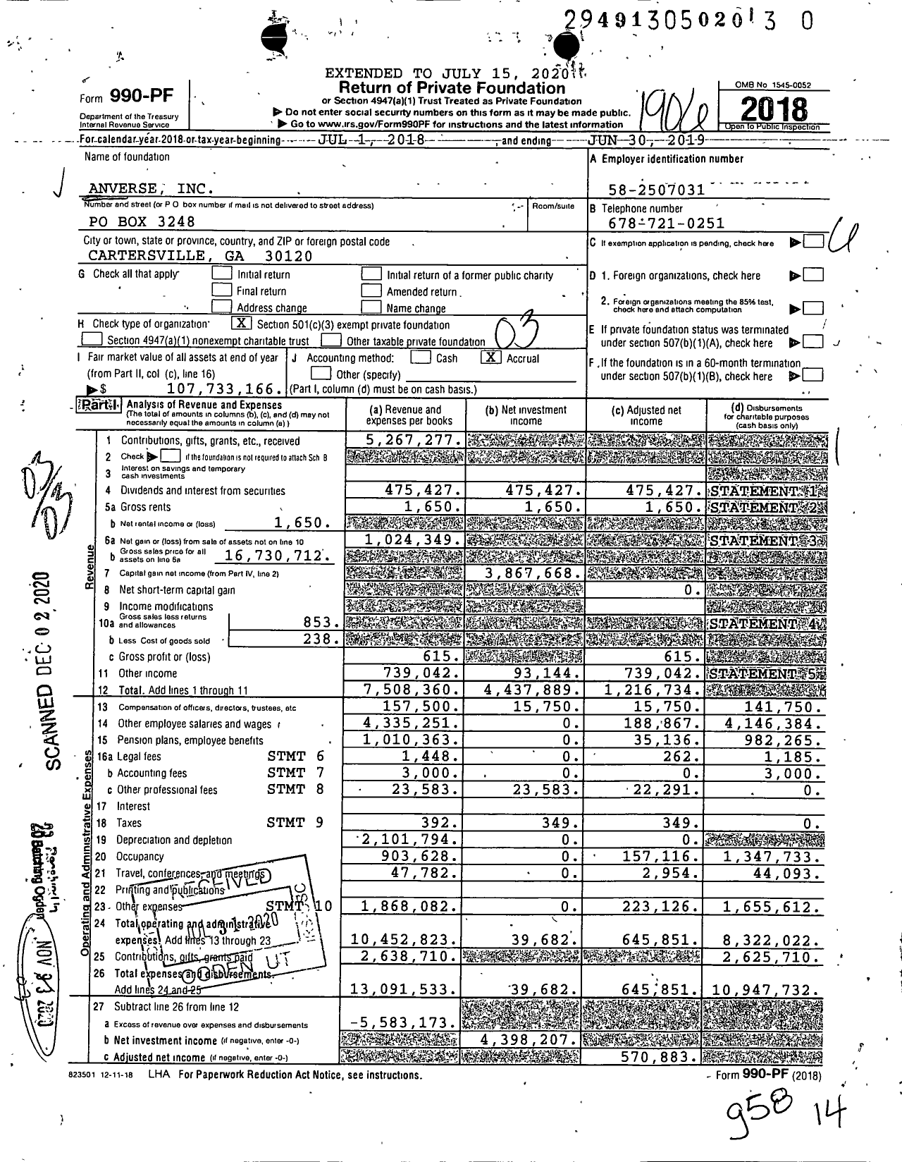 Image of first page of 2018 Form 990PF for Anverse