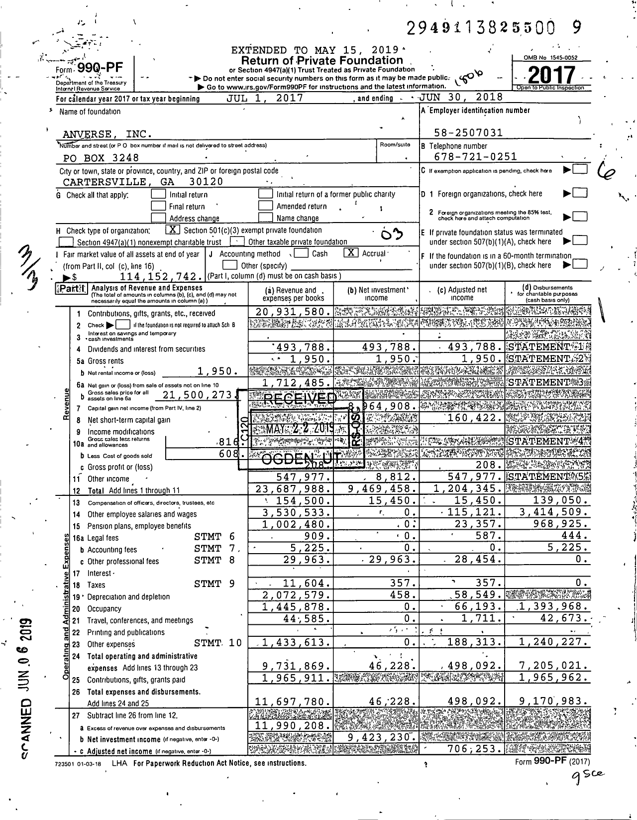 Image of first page of 2017 Form 990PF for Anverse