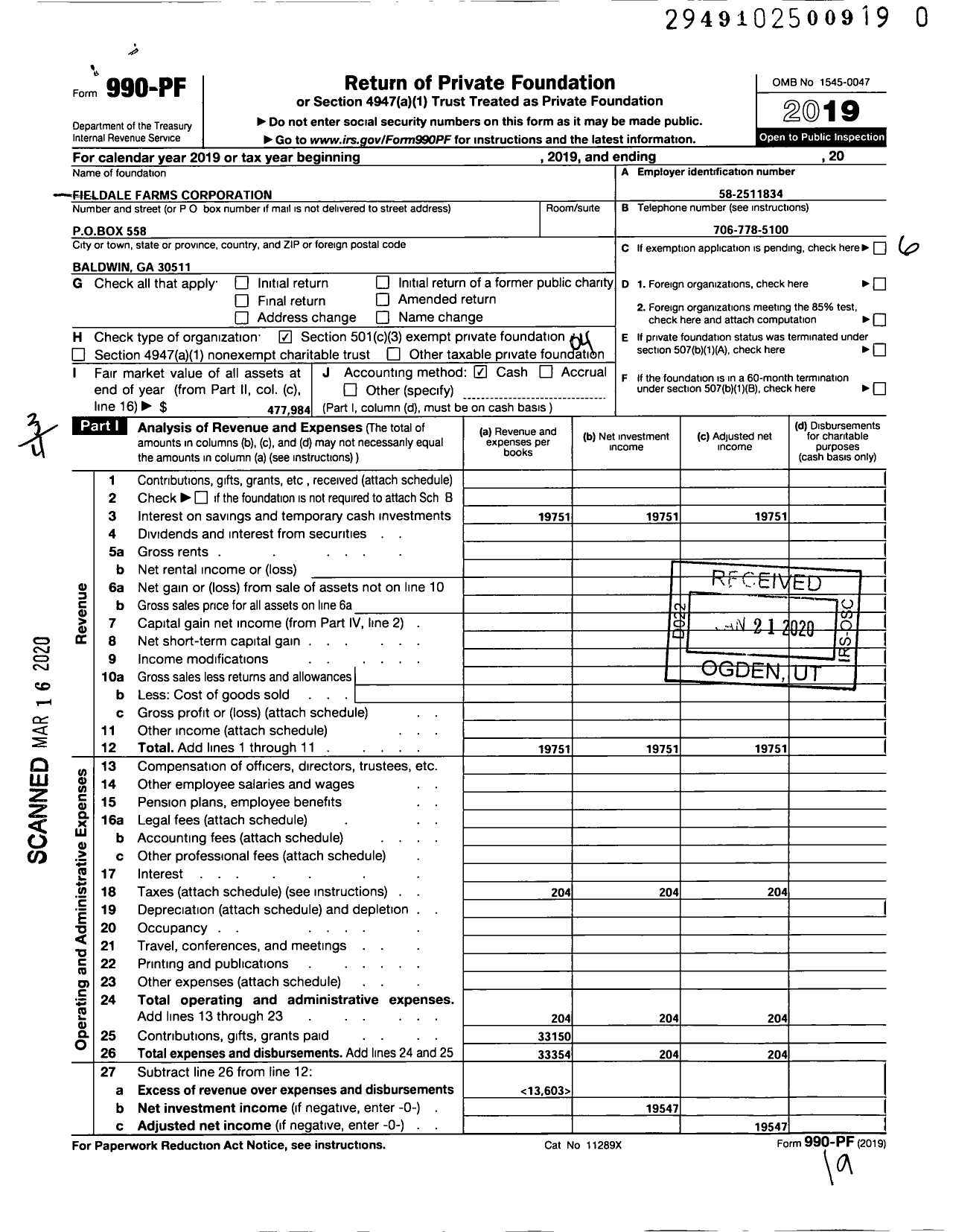 Image of first page of 2019 Form 990PR for Fieldale Farms Foundation