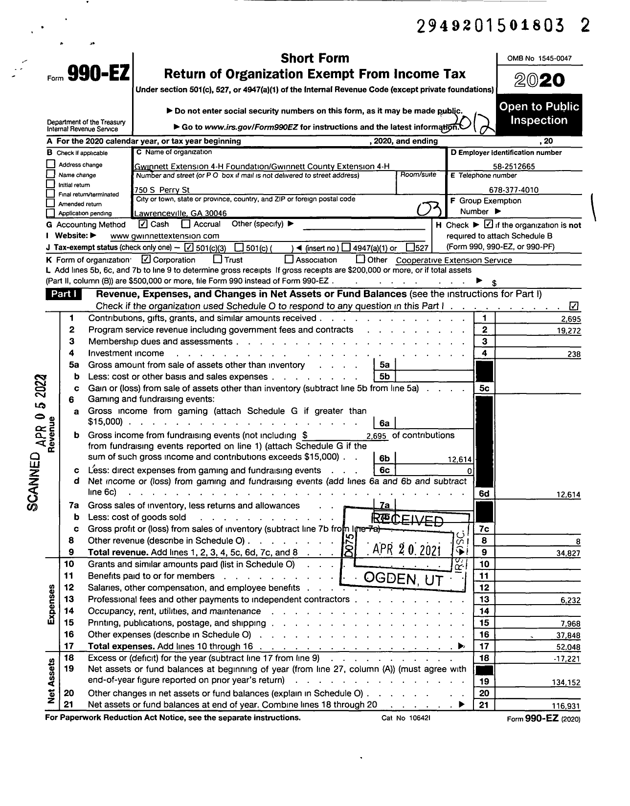 Image of first page of 2020 Form 990EZ for Georgia EXTENSION 4-H foundation GWINNETT COUNTY EXTENSION 4-H