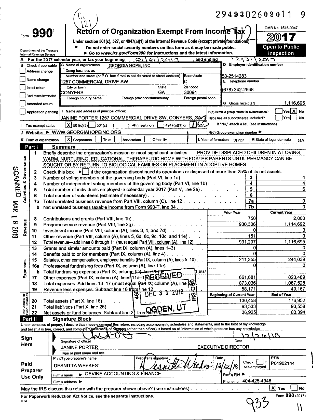 Image of first page of 2017 Form 990 for Georgia Hope