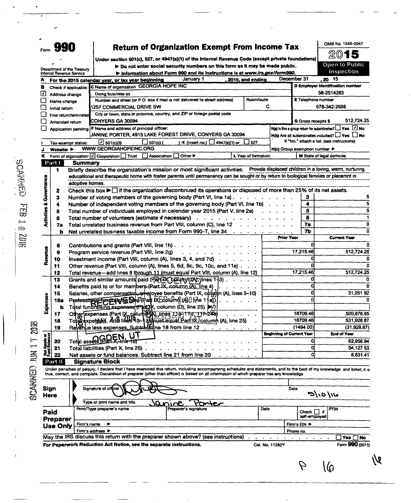 Image of first page of 2015 Form 990 for Georgia Hope