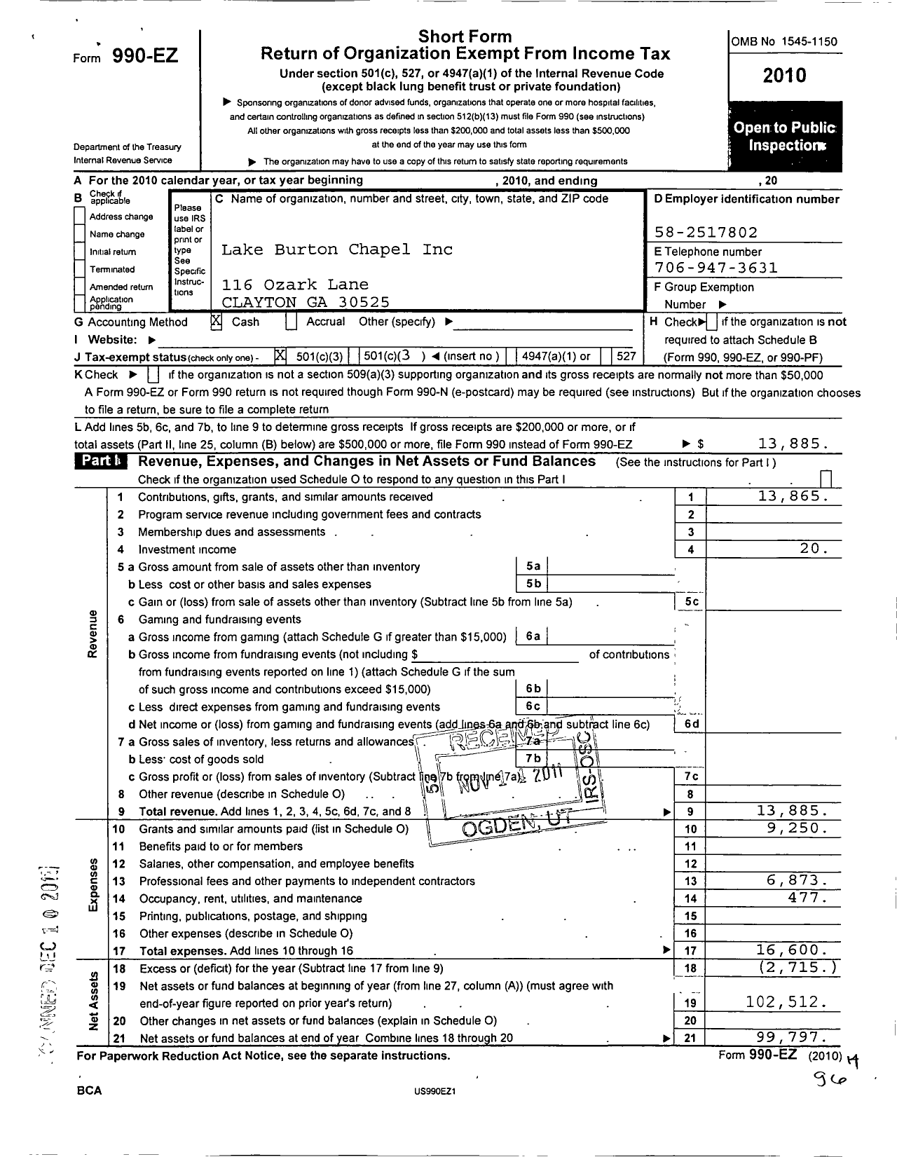 Image of first page of 2010 Form 990EZ for Lake Burton Chapel