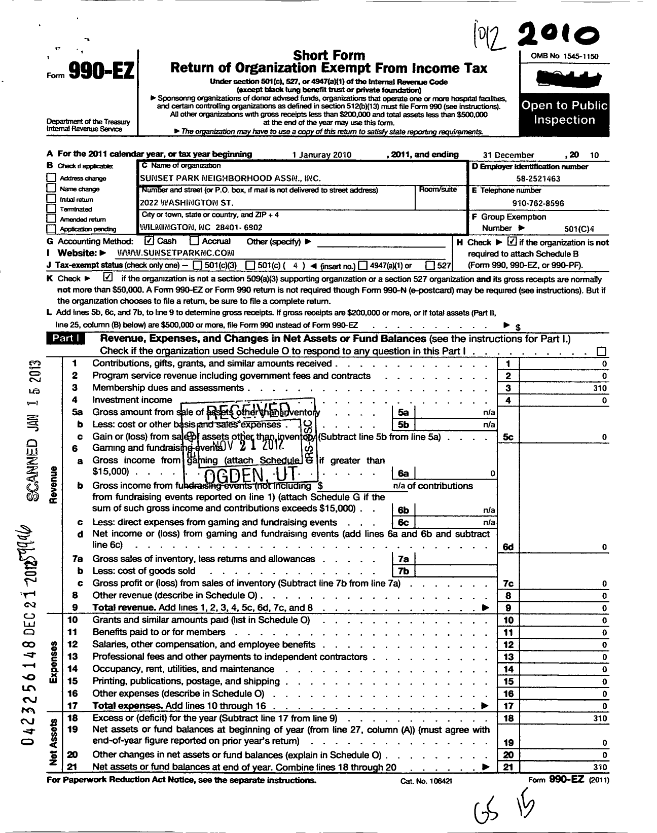 Image of first page of 2010 Form 990EO for Sunset Park Neighborhood Association